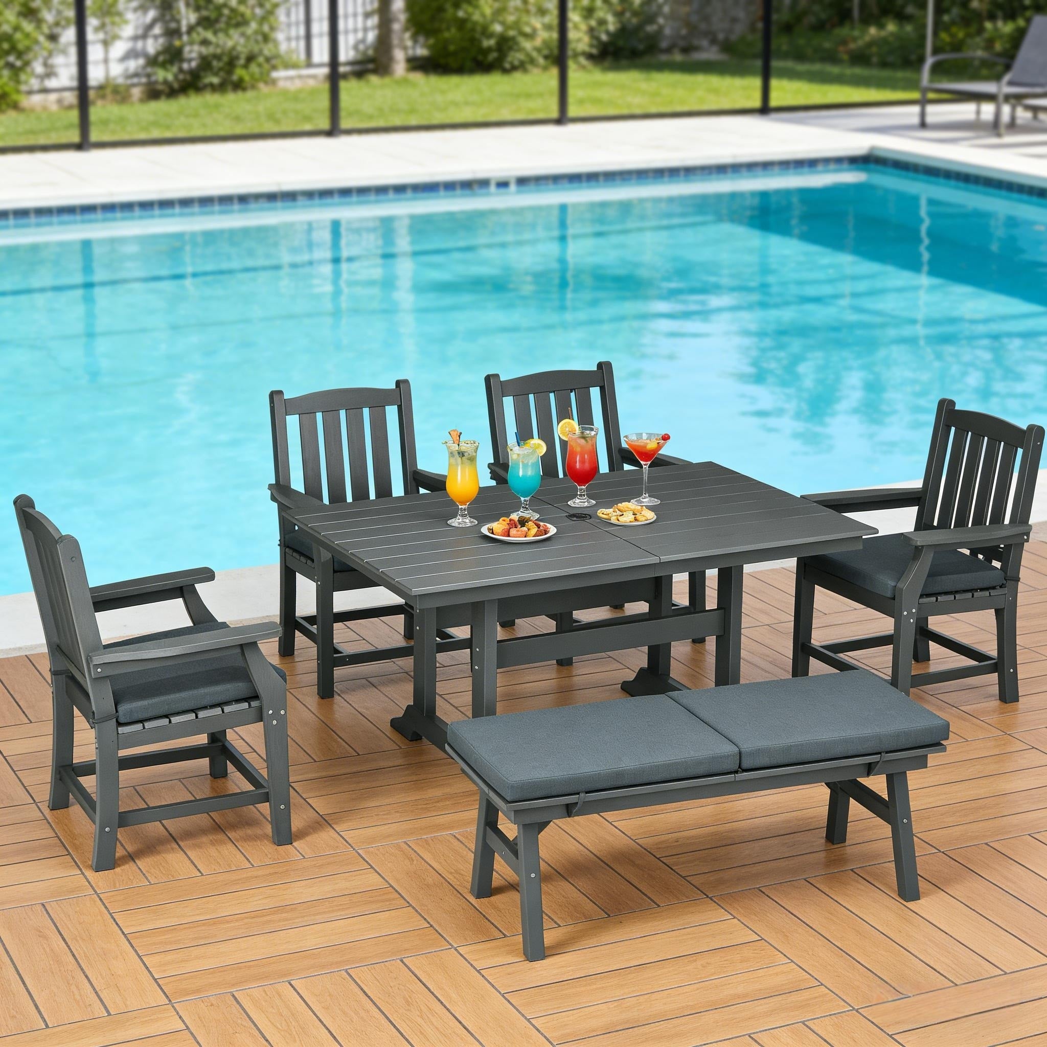 Patio Conversation Set With Dining Table Side Chairs Dark Gray Outdoor Chat Set With Upholstered Bench