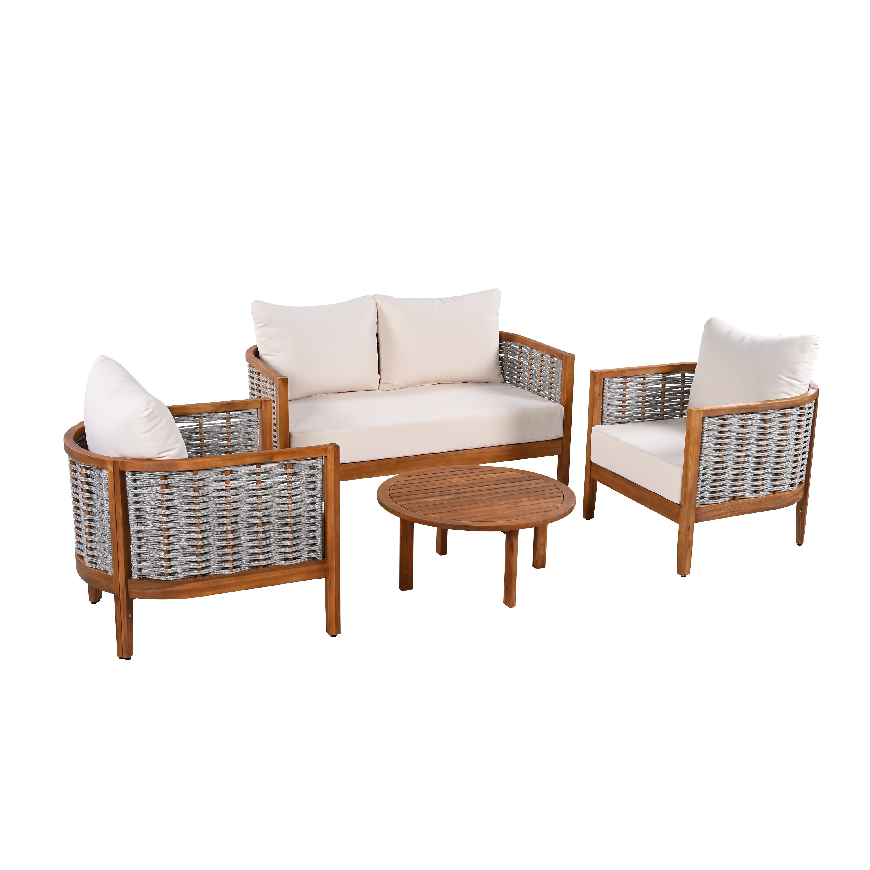 Patio Conversation Set With Loveseat Coffee Table Teak Beige Outdoor Seating Set For Backyard Garden