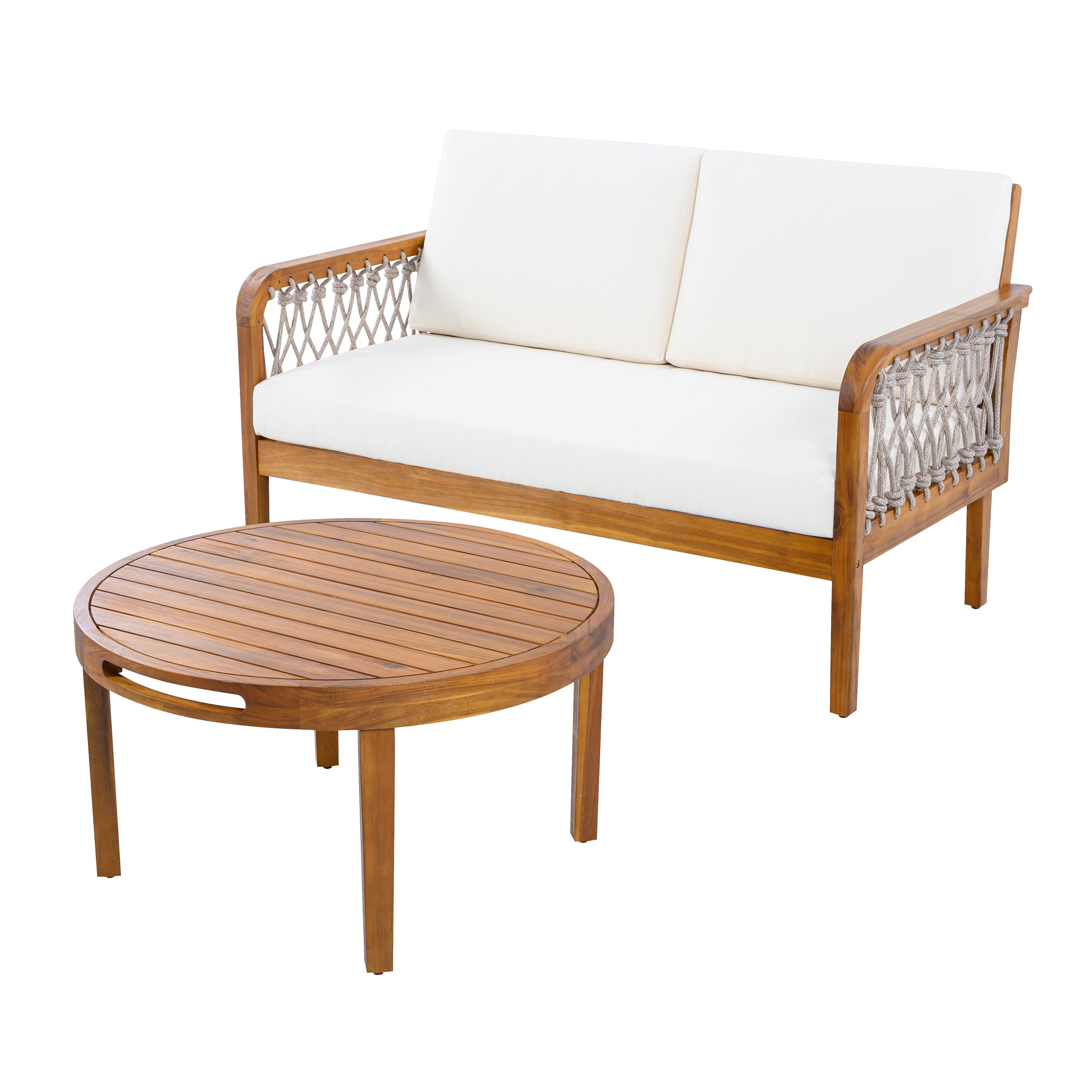 Patio Conversation Set With Padded Loveseat Coffee Table Cream Teak Outdoor Chat Set For Backyard