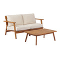 Patio Conversation Set With Wood Loveseat Slatted Coffee Table Teak Beige Outdoor Chat Set With Cushions