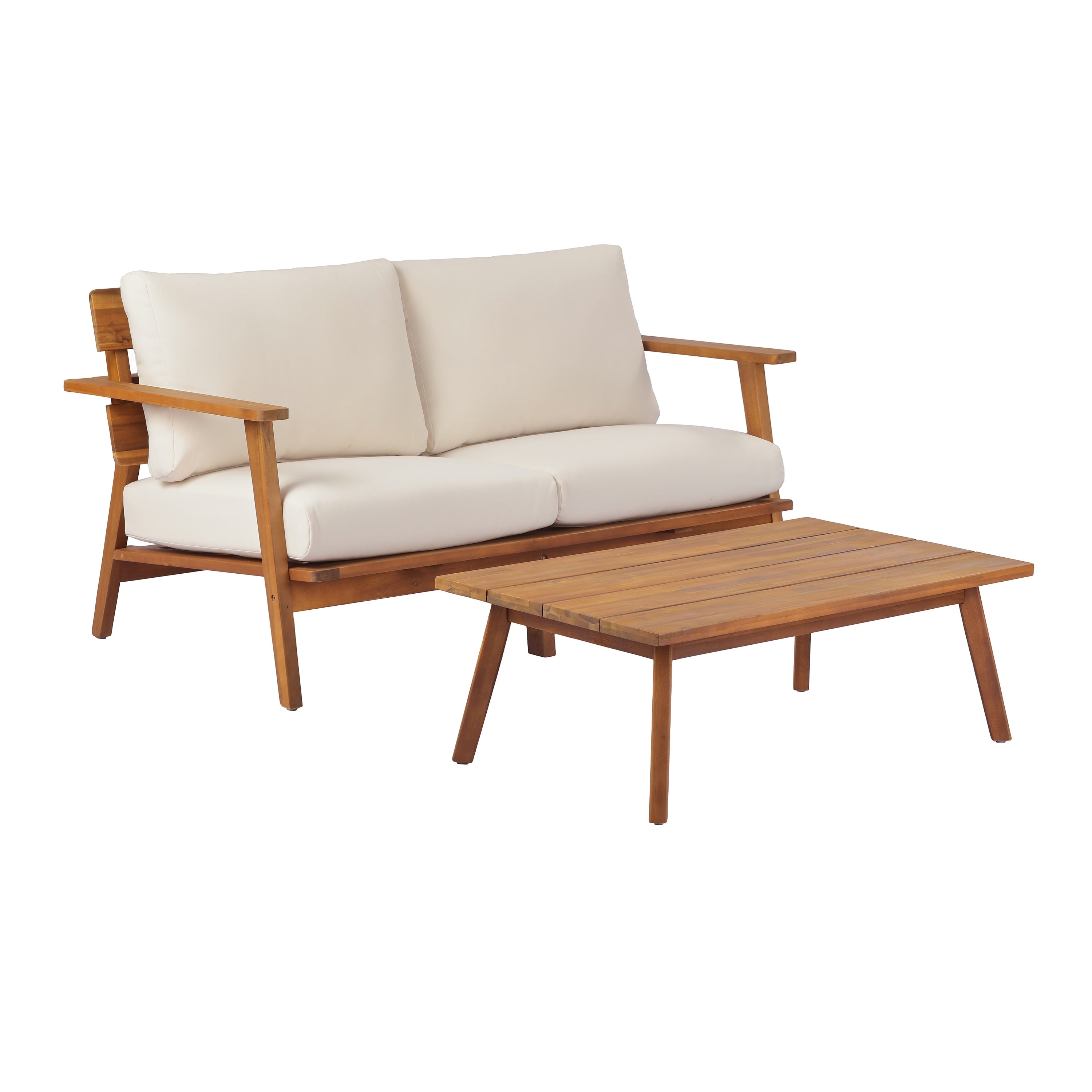 Patio Conversation Set With Wood Loveseat Slatted Coffee Table Teak Beige Outdoor Chat Set With Cushions