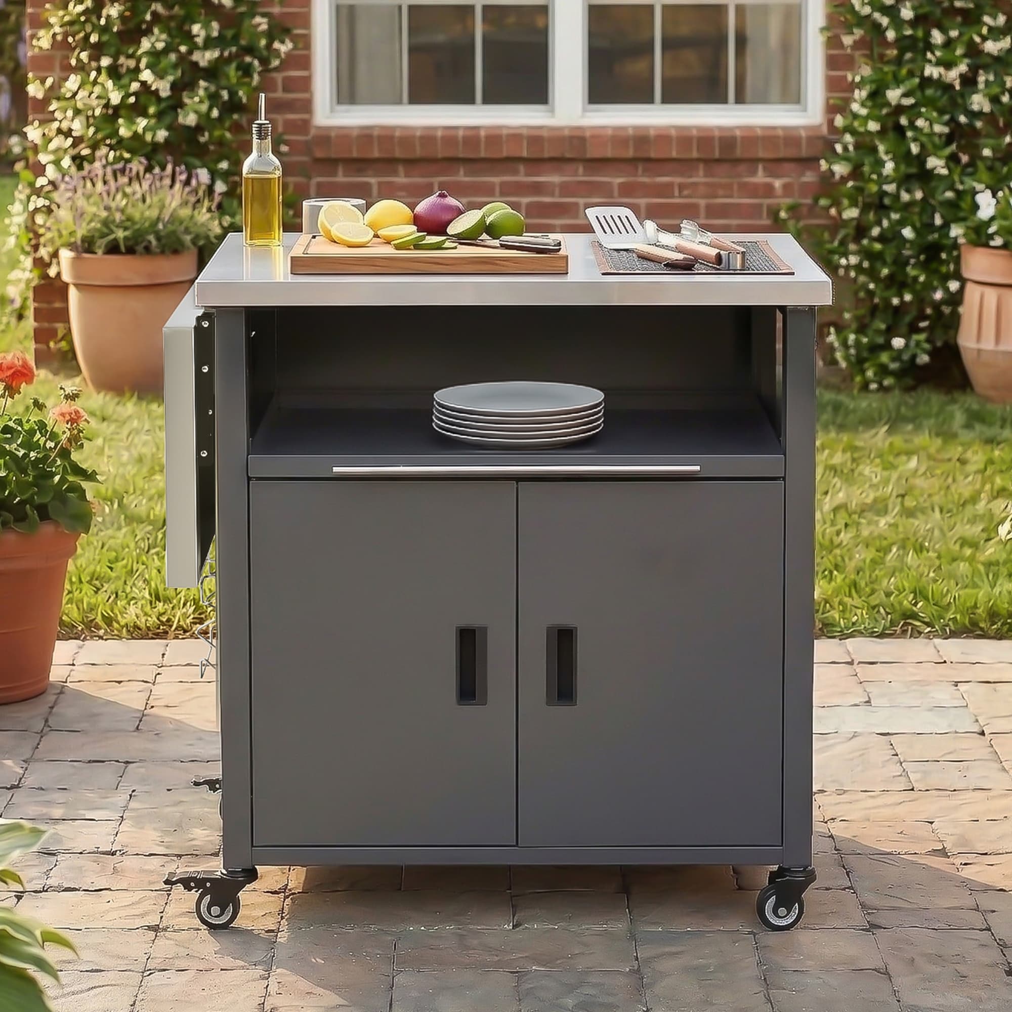 Patio Dining Cart Gray Foldable Outdoor Kitchen Island Grill Cart With Trash Rack For Backyard Patio