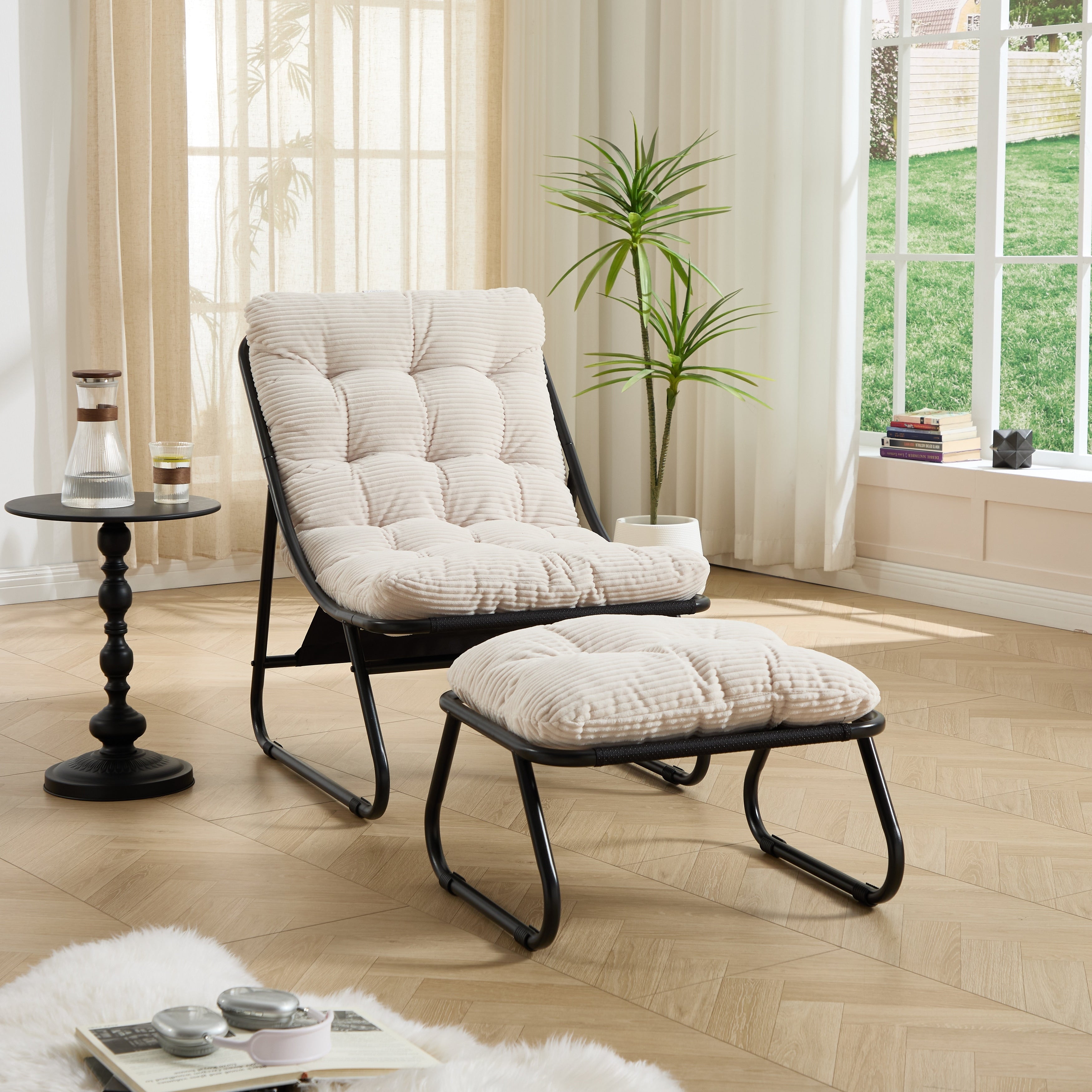 Patio Outdoor Lounge Chair With Ottoman Comfy Sling Recliner Chair With Puffy Cushion And Foot Stool For Living Room