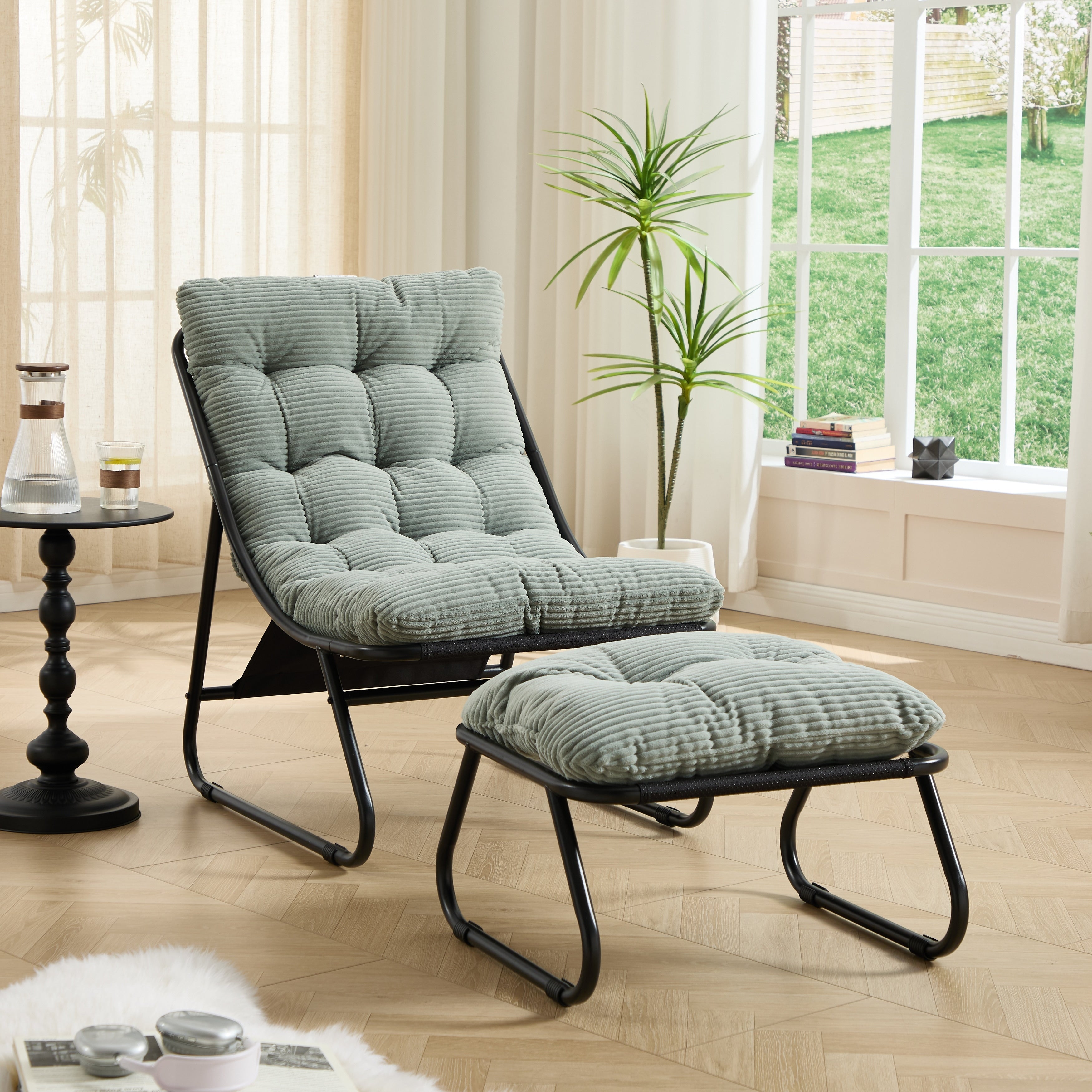 Patio Outdoor Lounge Chair With Ottoman Comfy Sling Recliner Chair With Puffy Cushion And Foot Stool For Living Room Bedroom