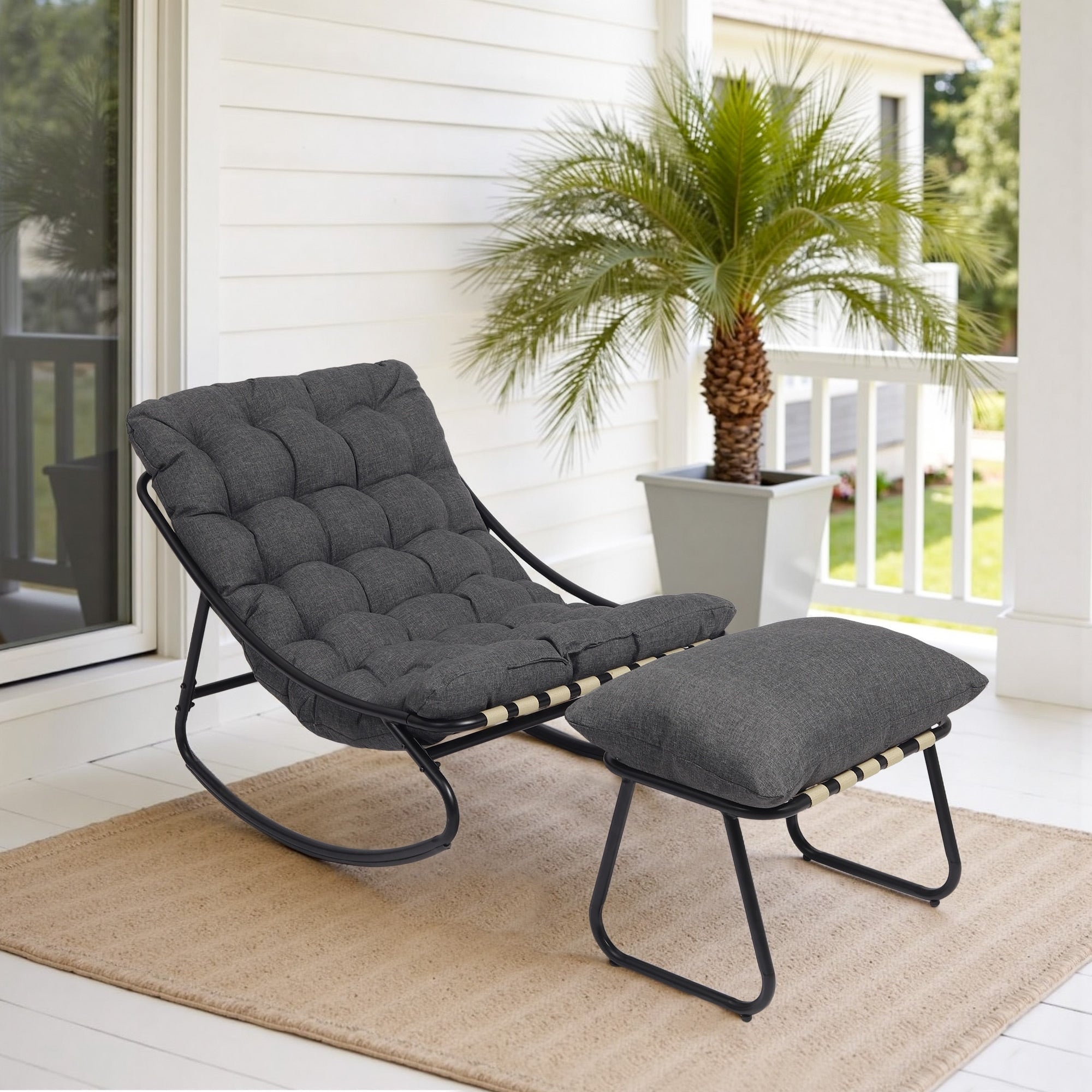 Patio Rocking Chair And Chaise Lounge Set With Ottoman And Cushions