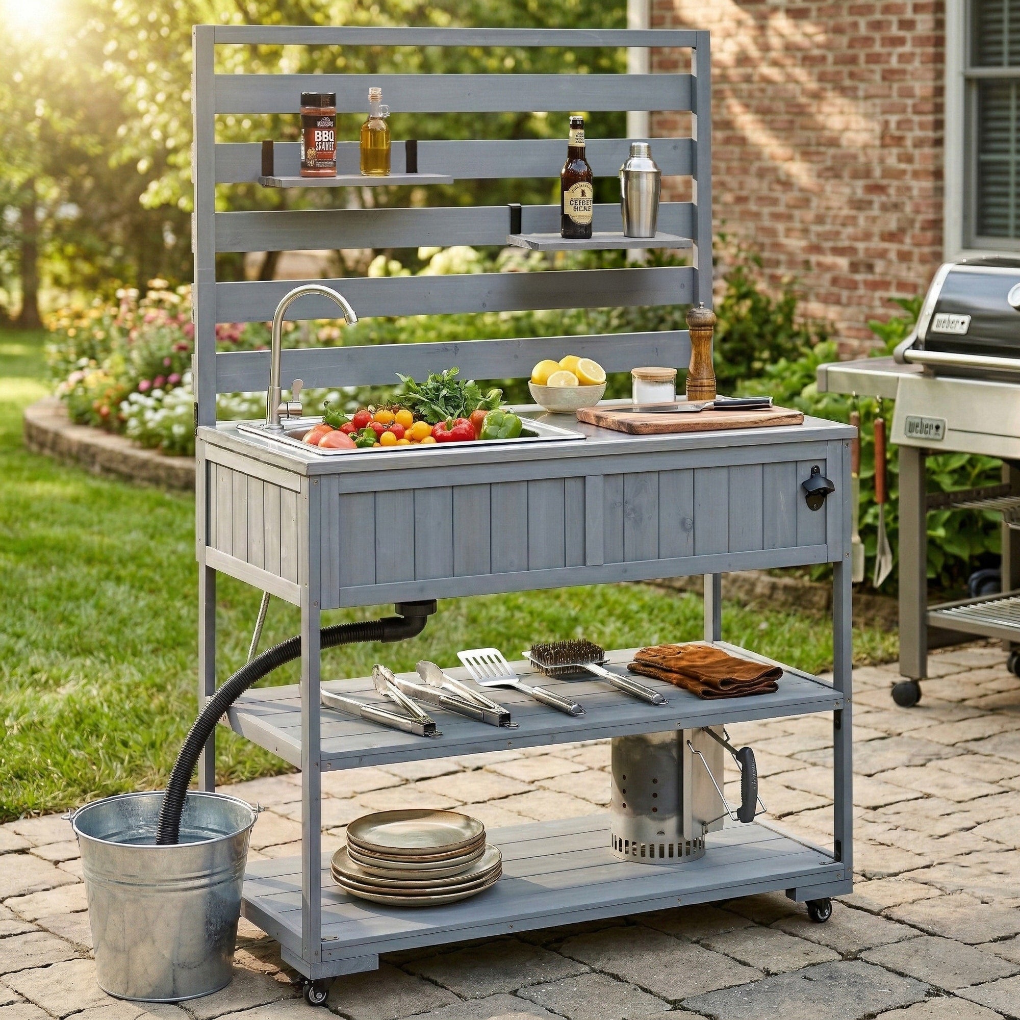 Patio Rolling Kitchen Island With Sink And Movable Shelves For Bbq Prep