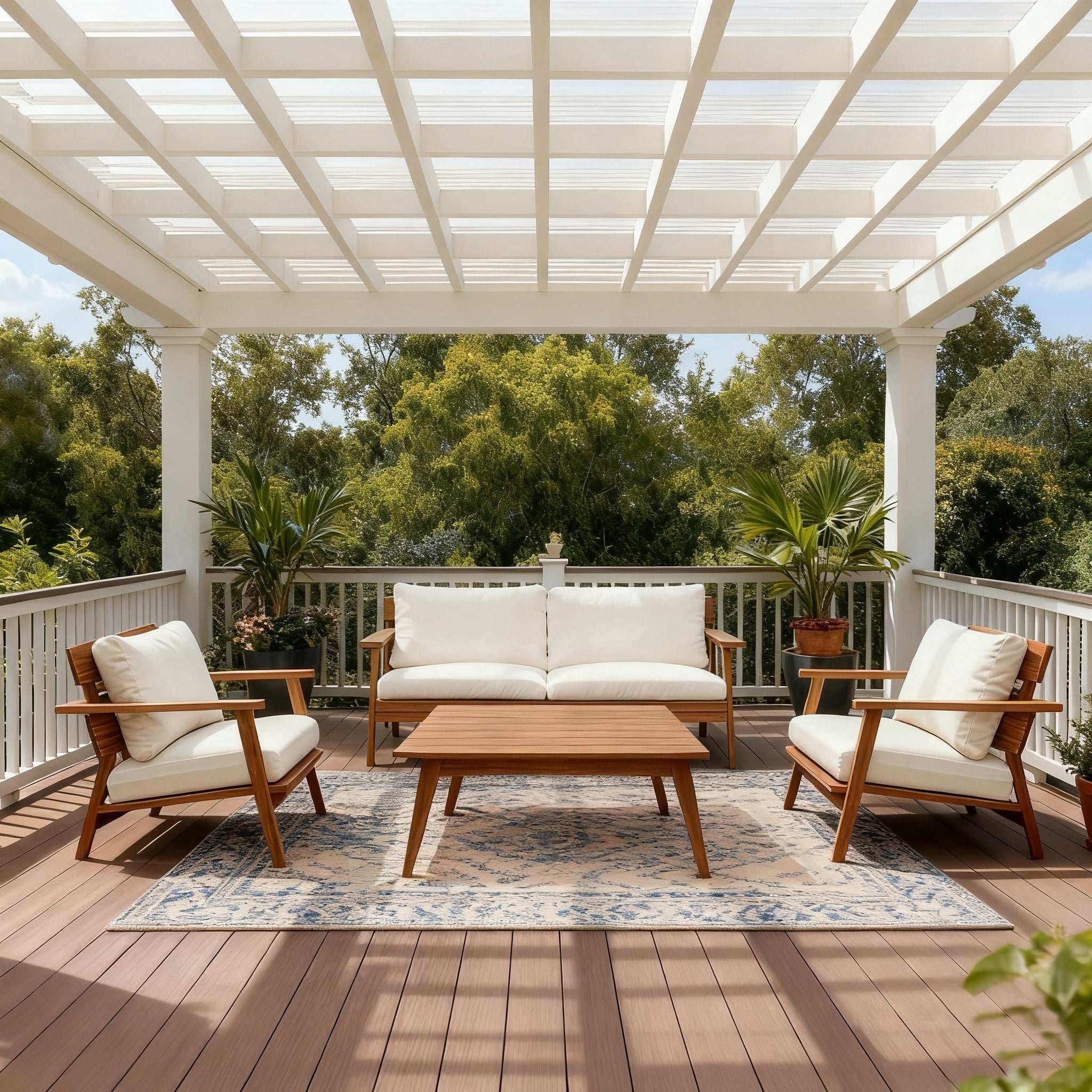 Patio Seating Set With Loveseat Padded Club Chairs Outdoor Conversation Set With Slatted Coffee Table