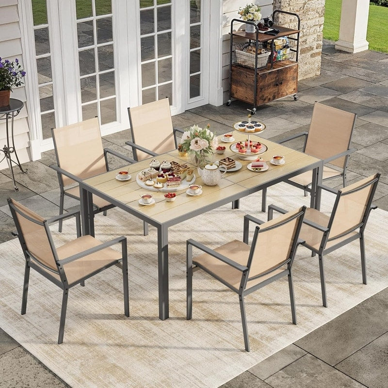Patio Table And Chairs Set For 6 Outdoor Dining Set With Side Umbrella Hole And 6 Textilene Fabric Patio Chairs