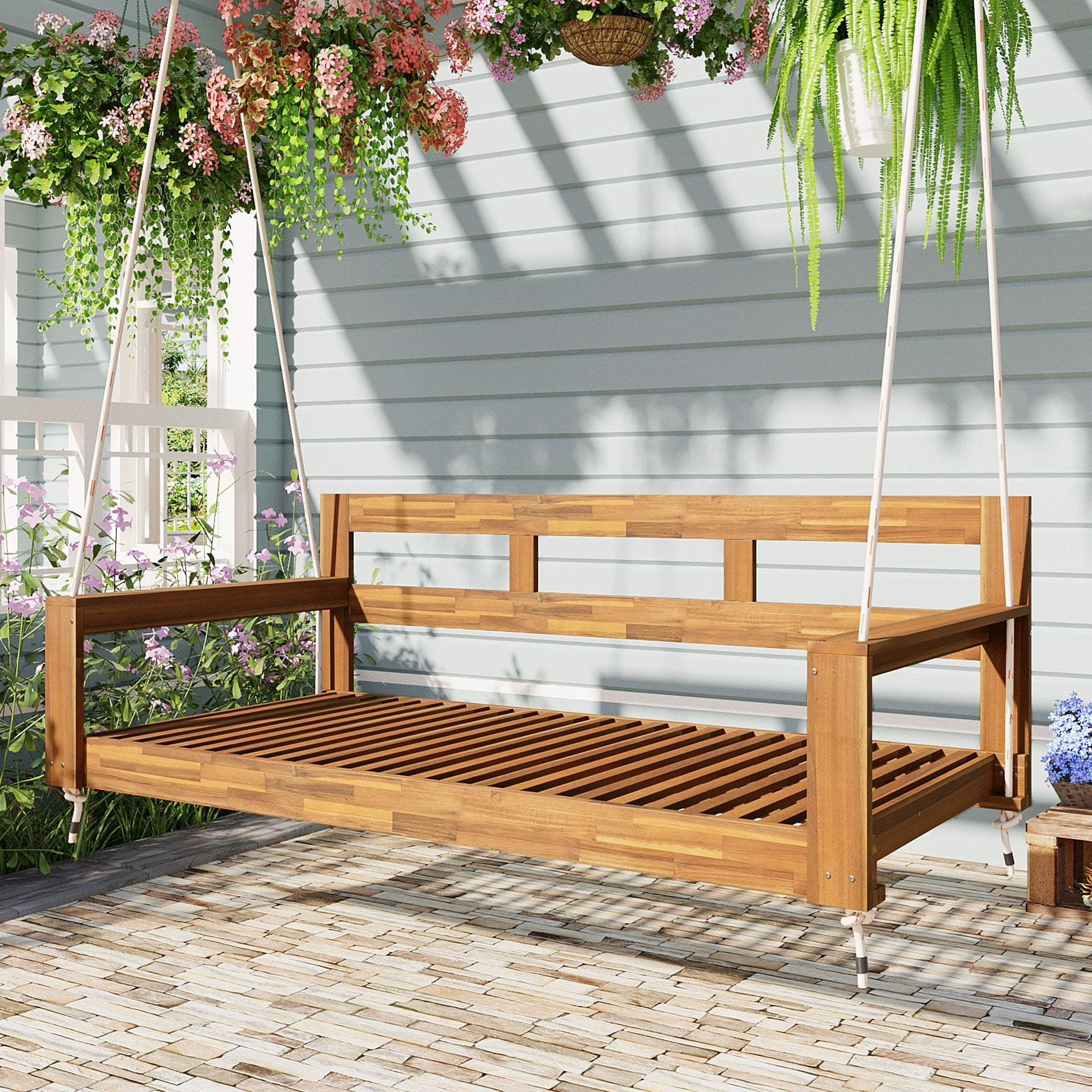 Patio Wooden Twin Size Porch Swing Daybed With 4 Hanging Ropes
