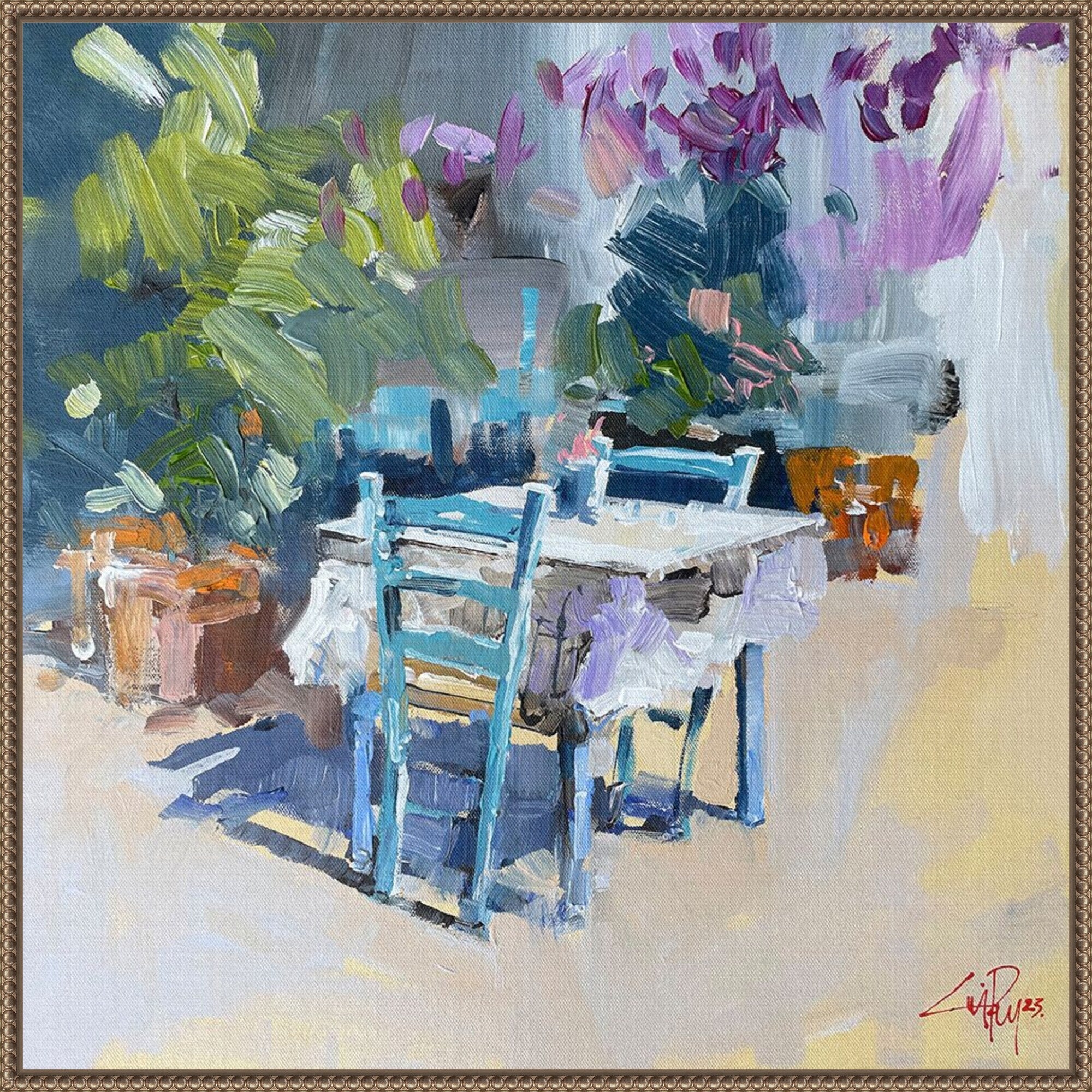 Patmos Taverna Greece By Craig Trewin Penny 30 X 30 In. Framed Canvas Wall Art Print