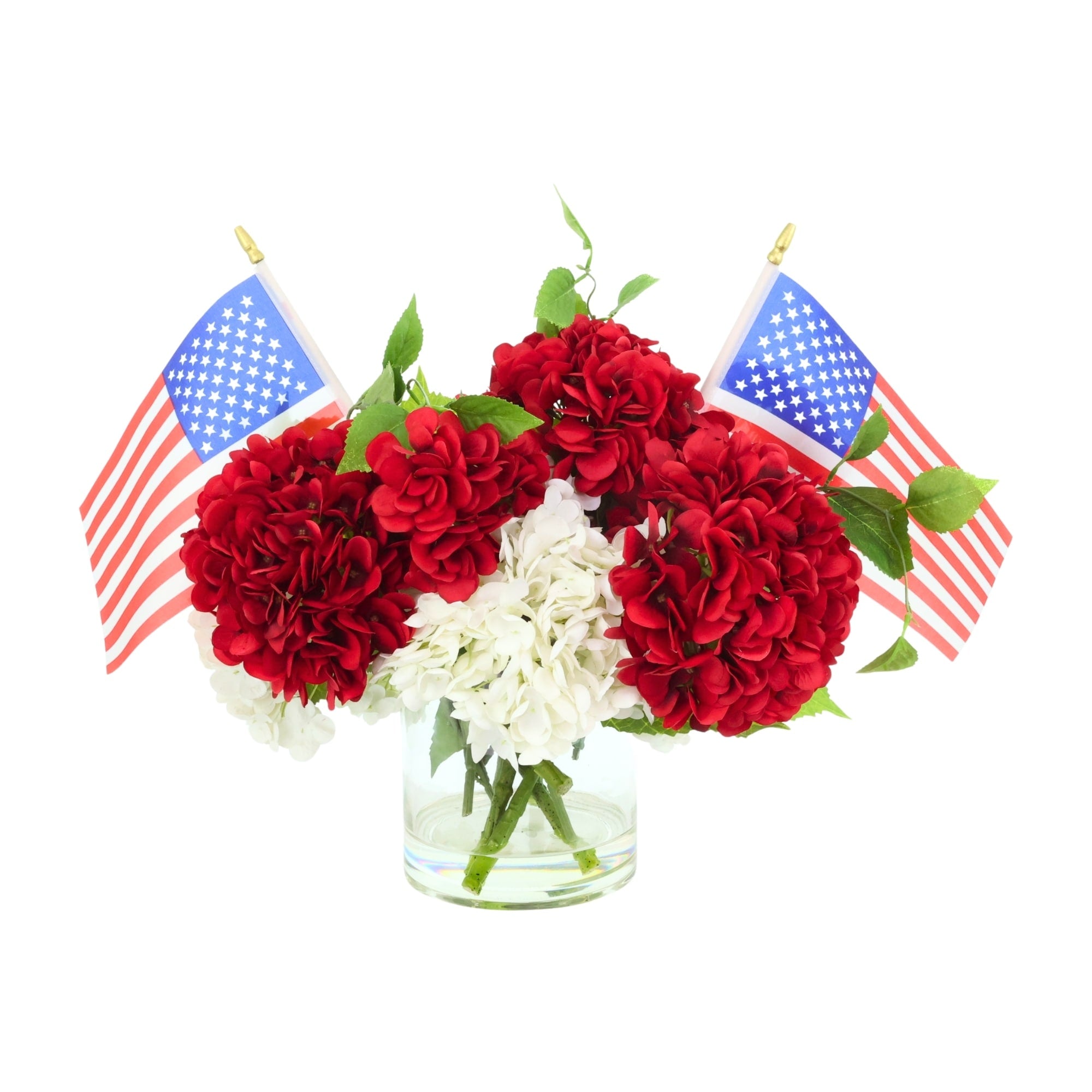 Patriotic Hydrangea Arrangement With Flags