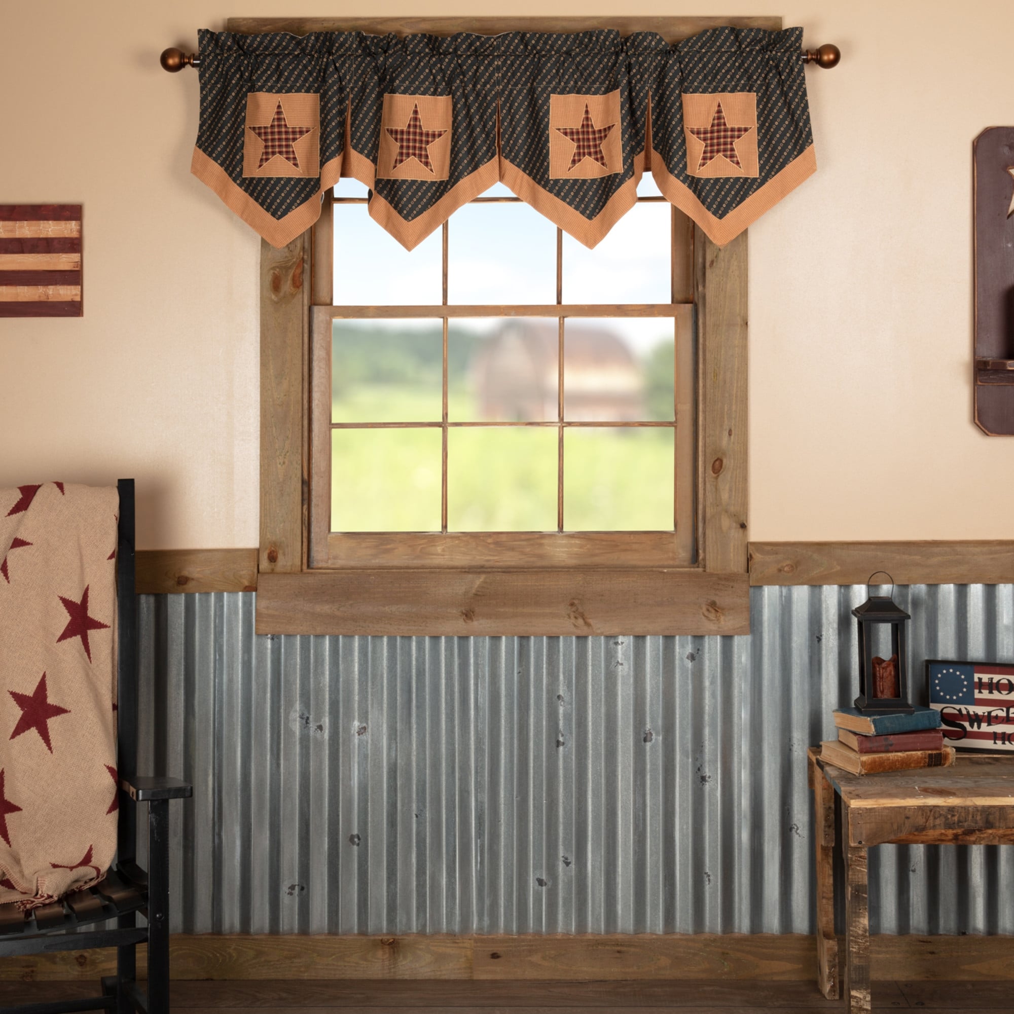Red Primitive Kitchen Curtains Antique Patch Valance Rod Pocket Cotton Star Appliqued