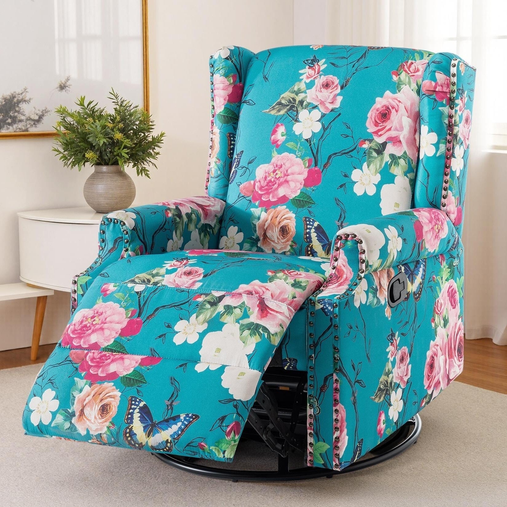Patterned Linen Swivel Manual Push Back Recliner Chair