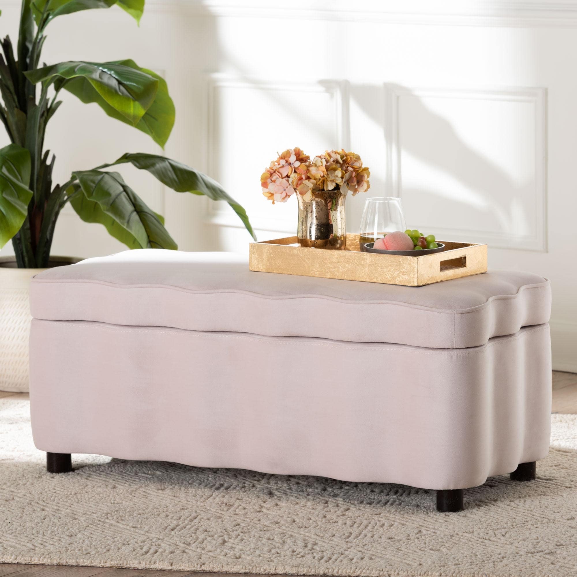Paulina Velvet Storage Bench Lift Top Accent Bench With Interior Storage And Scalloped Outline For Bedroom Or Living Room
