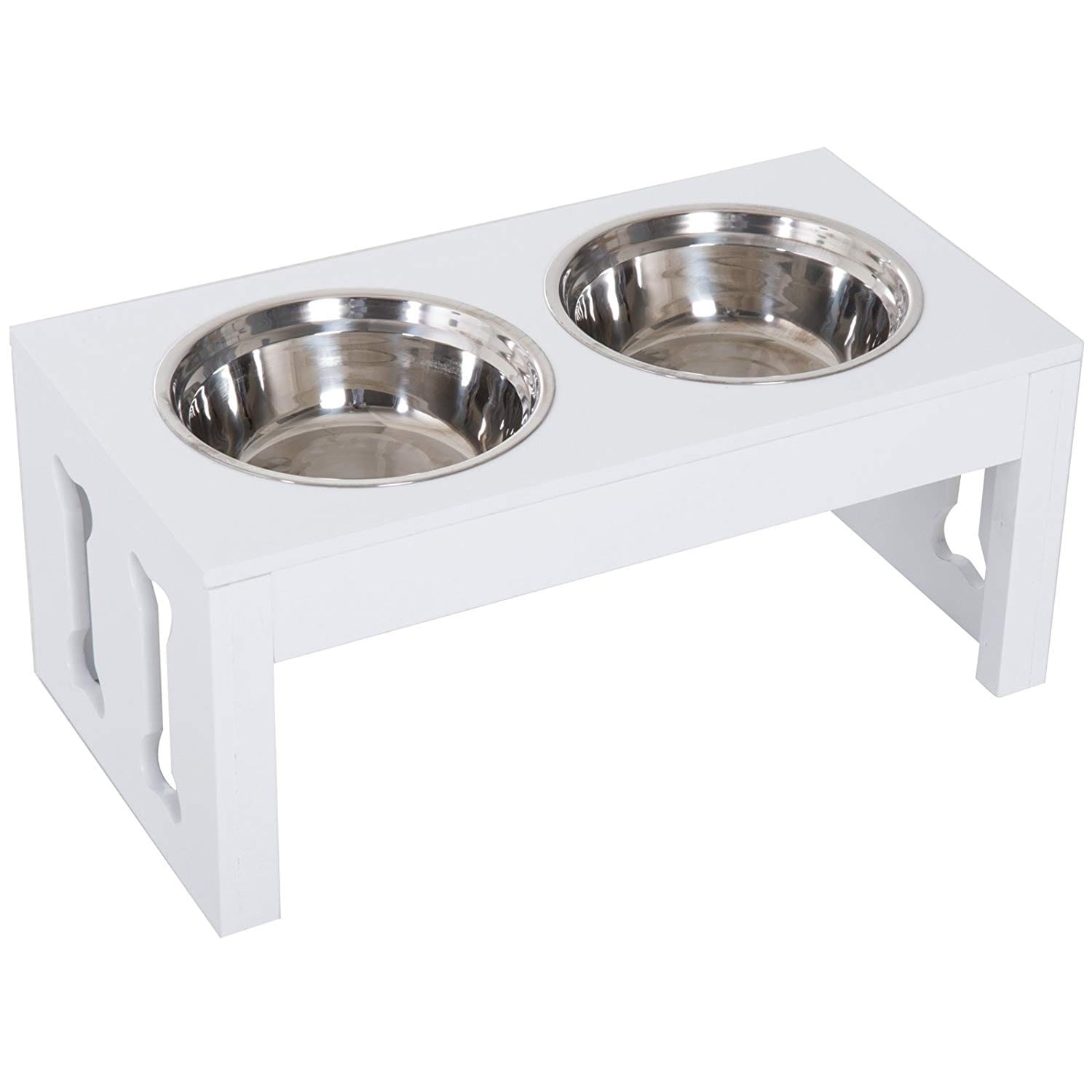 Pawhut 23 Modern Decorative Dog Bone Wooden Heavy Duty Pet Food Bowl Elevated Feeding Station White