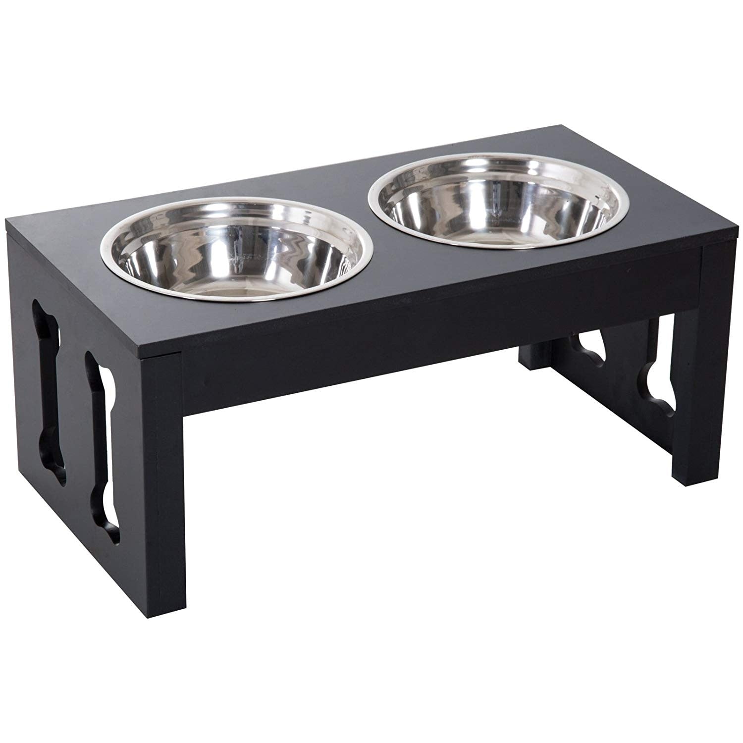 Pawhut 23 Modern Decorative Dog Bone Wooden Heavy Duty Pet Food Bowl Elevated Feeding Station Black