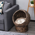 Pawhut 24 Natural Braided Banana Leaf Elevated Cat Bed Basket With Cushion Grey