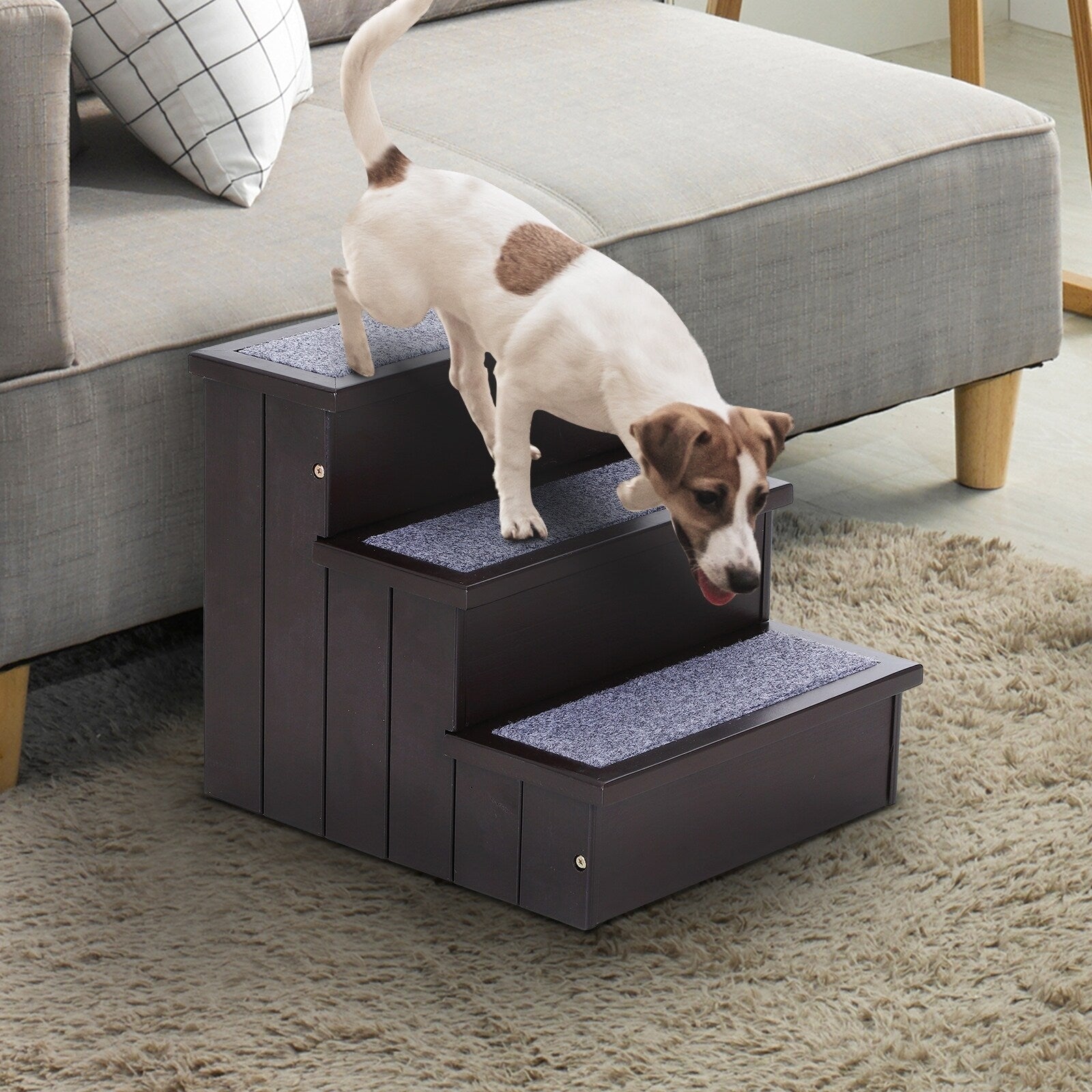 Pawhut 3 Step Wooden Carpeted Non Slip Pet Stairs Ramp For Cats And Small Dogs Brown