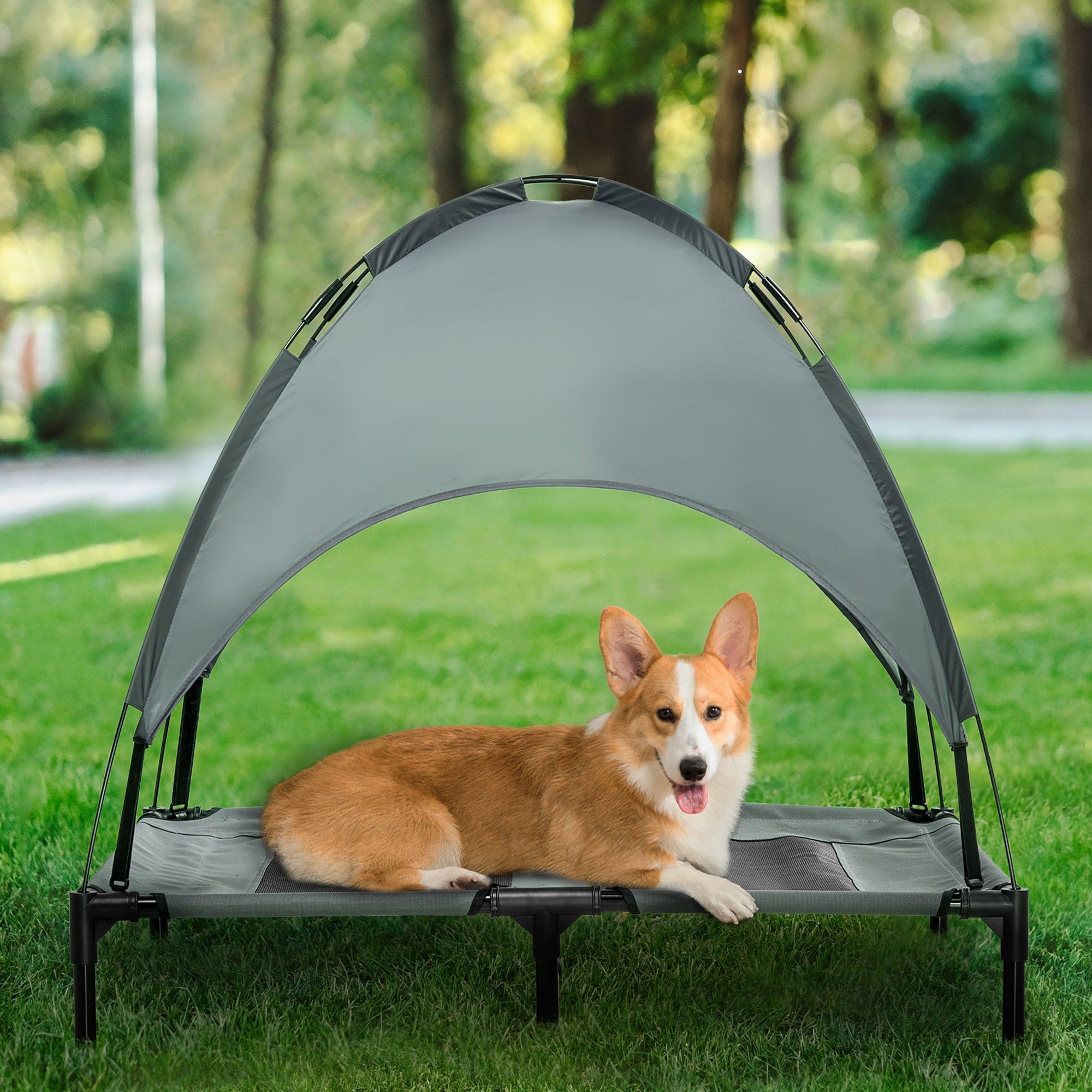 Pawhut 36 X 30 Elevated Dog Cot Cooling Pet Bed With Uv Protection Canopy Shade