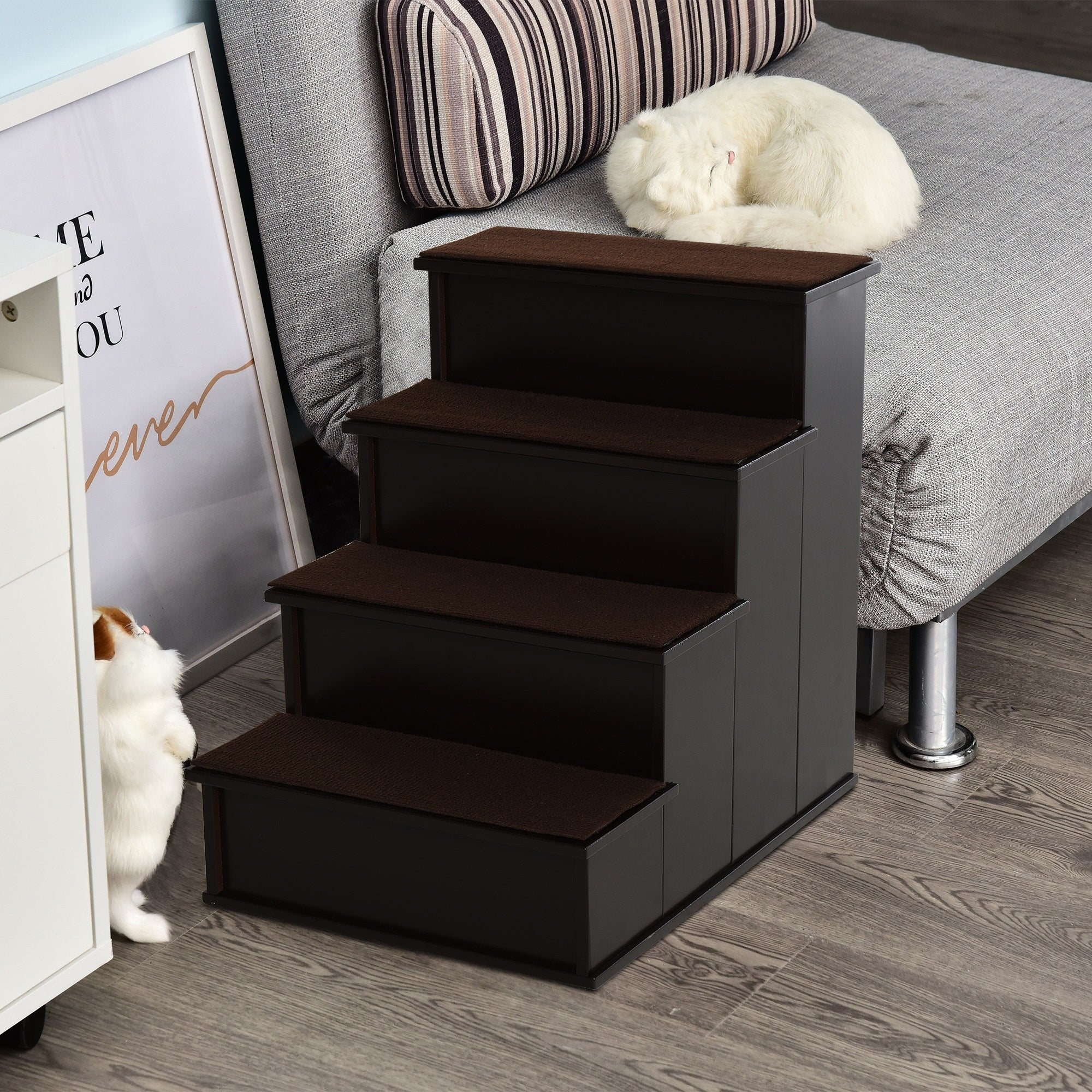 Pawhut 4 Step Wooden Pet Stair Pet Steps With Soft Short Plush Cushions On Each Step Dark Coffee Brown 4 Stair
