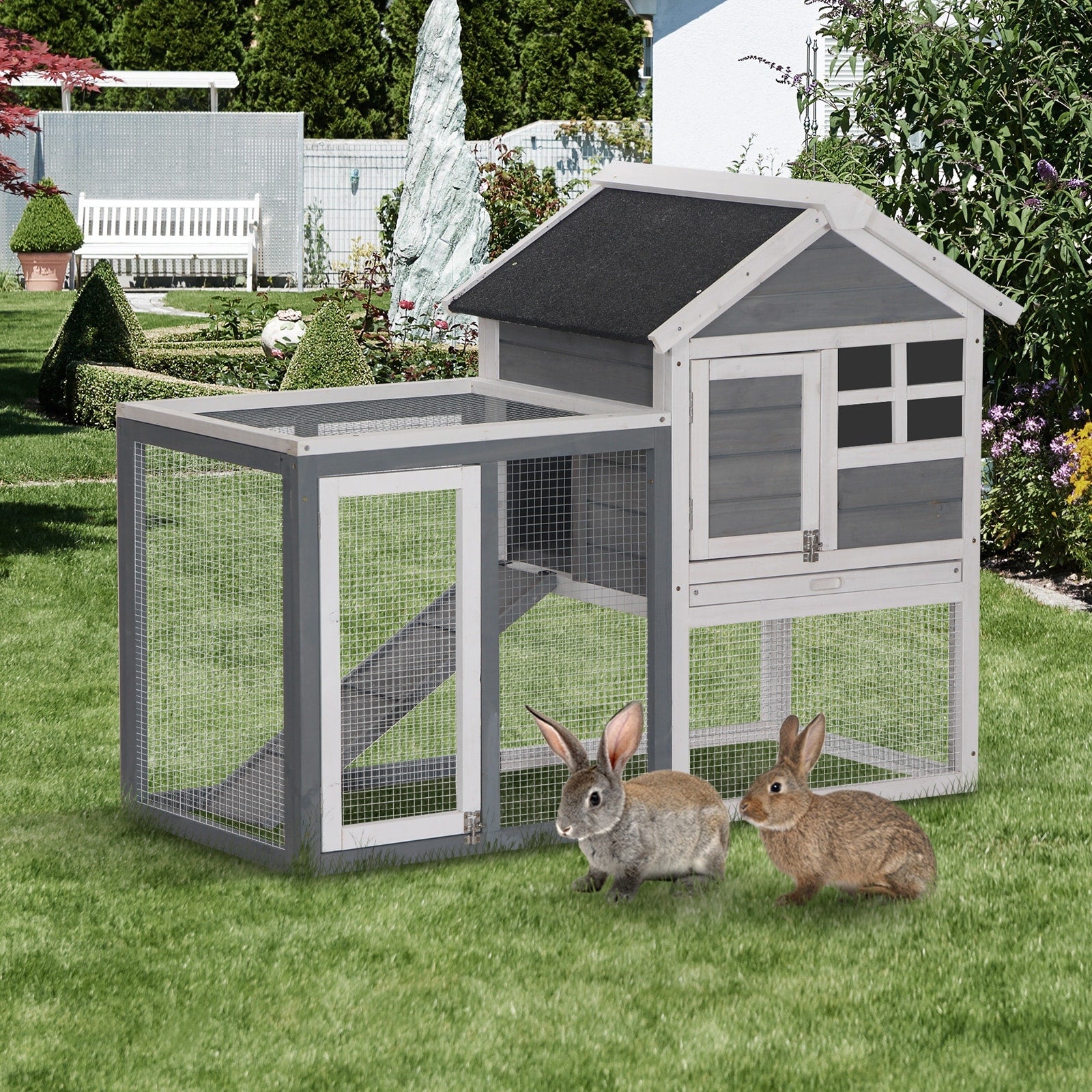 Pawhut 48 Wooden Rabbit Hutch With Ladder And Outdoor Run
