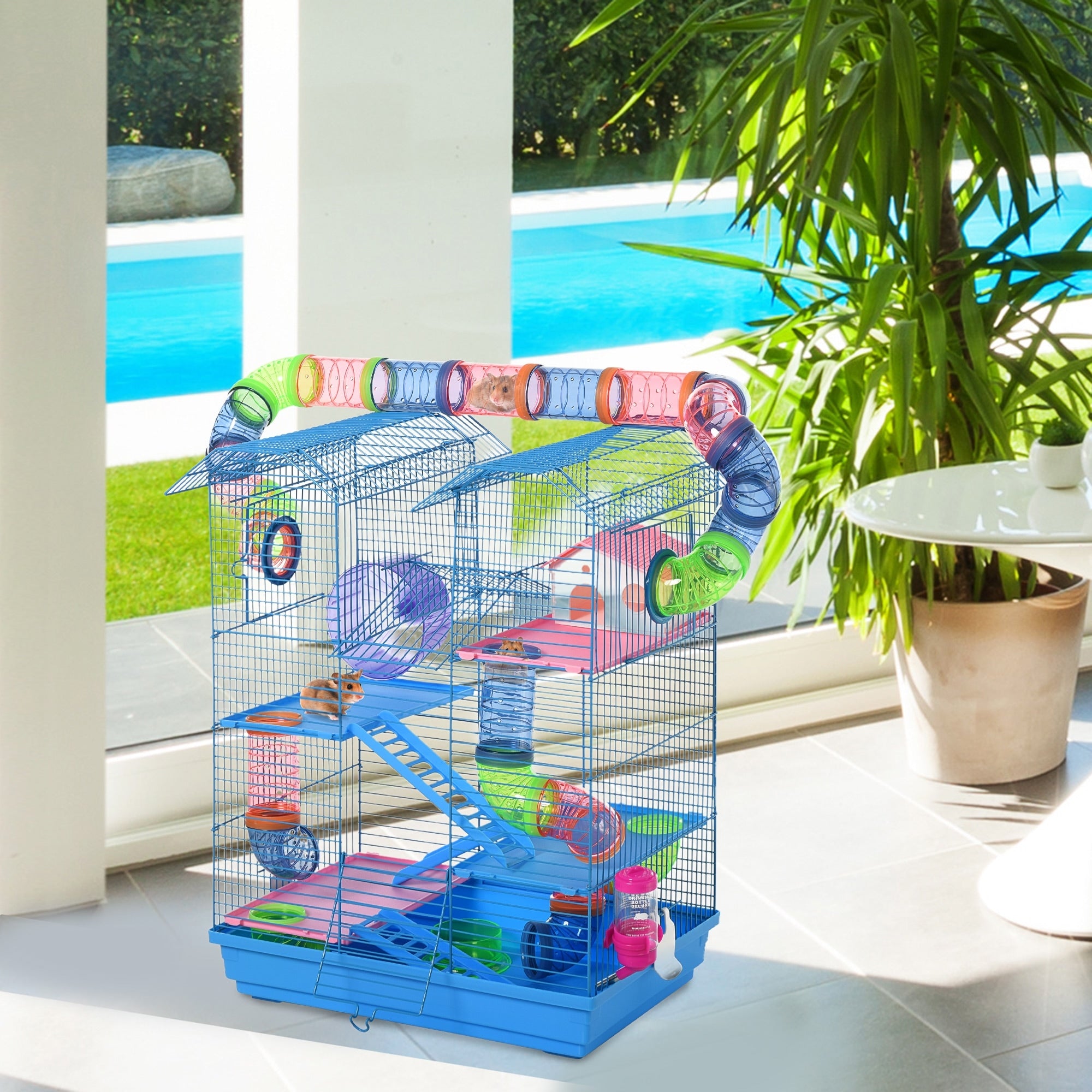 Pawhut 5 Tiers Hamster Cage Animal Travel Carrier Habitat With Exercise Wheels Tube Water Bottle Dishes House Ladder Multi