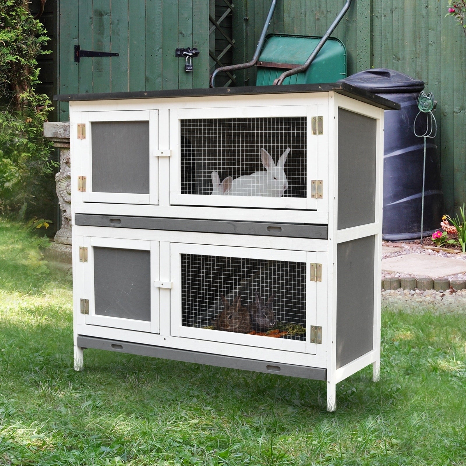Pawhut Solid Wood Rabbit Bunny Hutch With 2 Large Main Rooms Protection From Uv Rays And Water And Firm Cage Grey