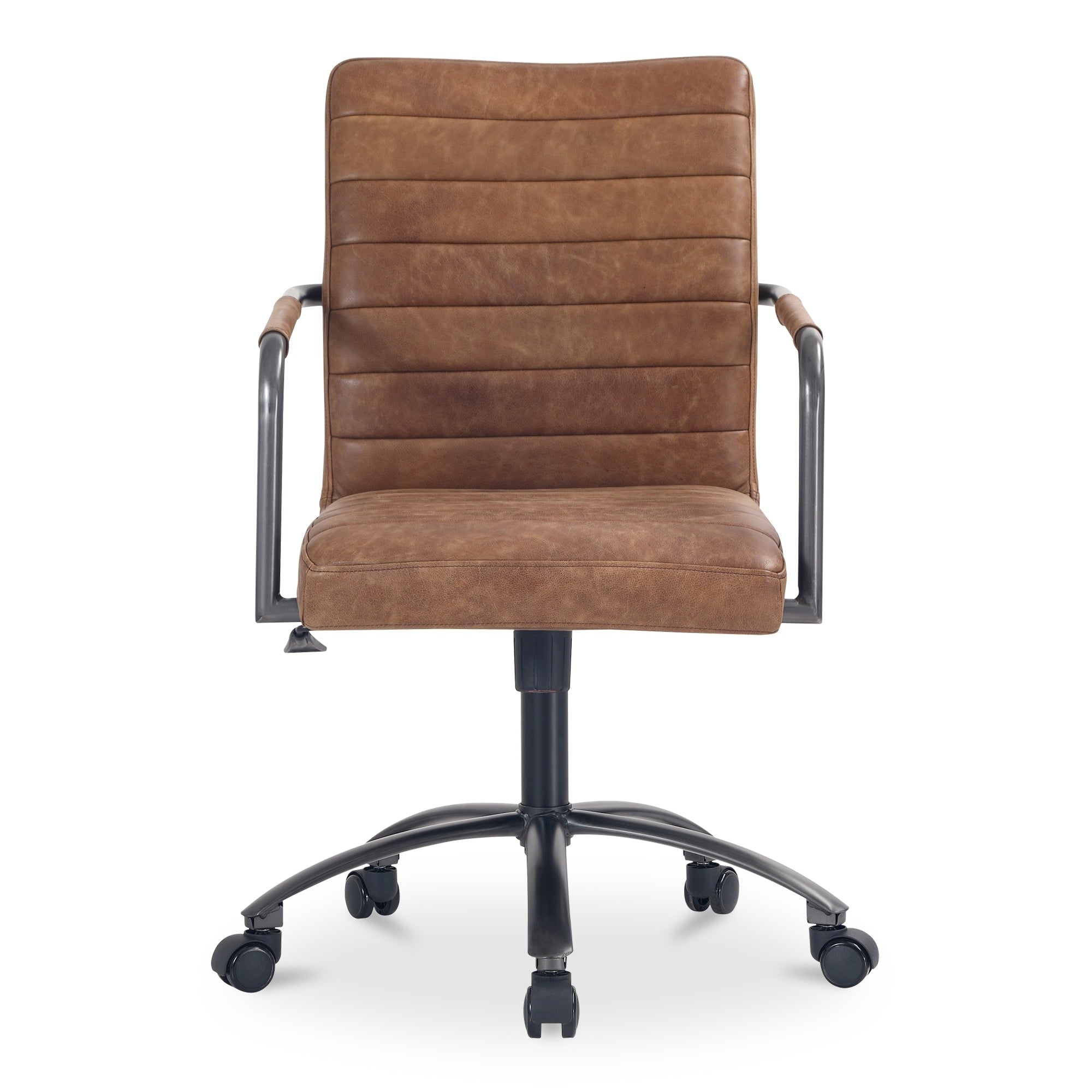 Pax Office Chair Channel Seamed Top Grain Leather Leather Wrapped Armrests Iron Frame Brown