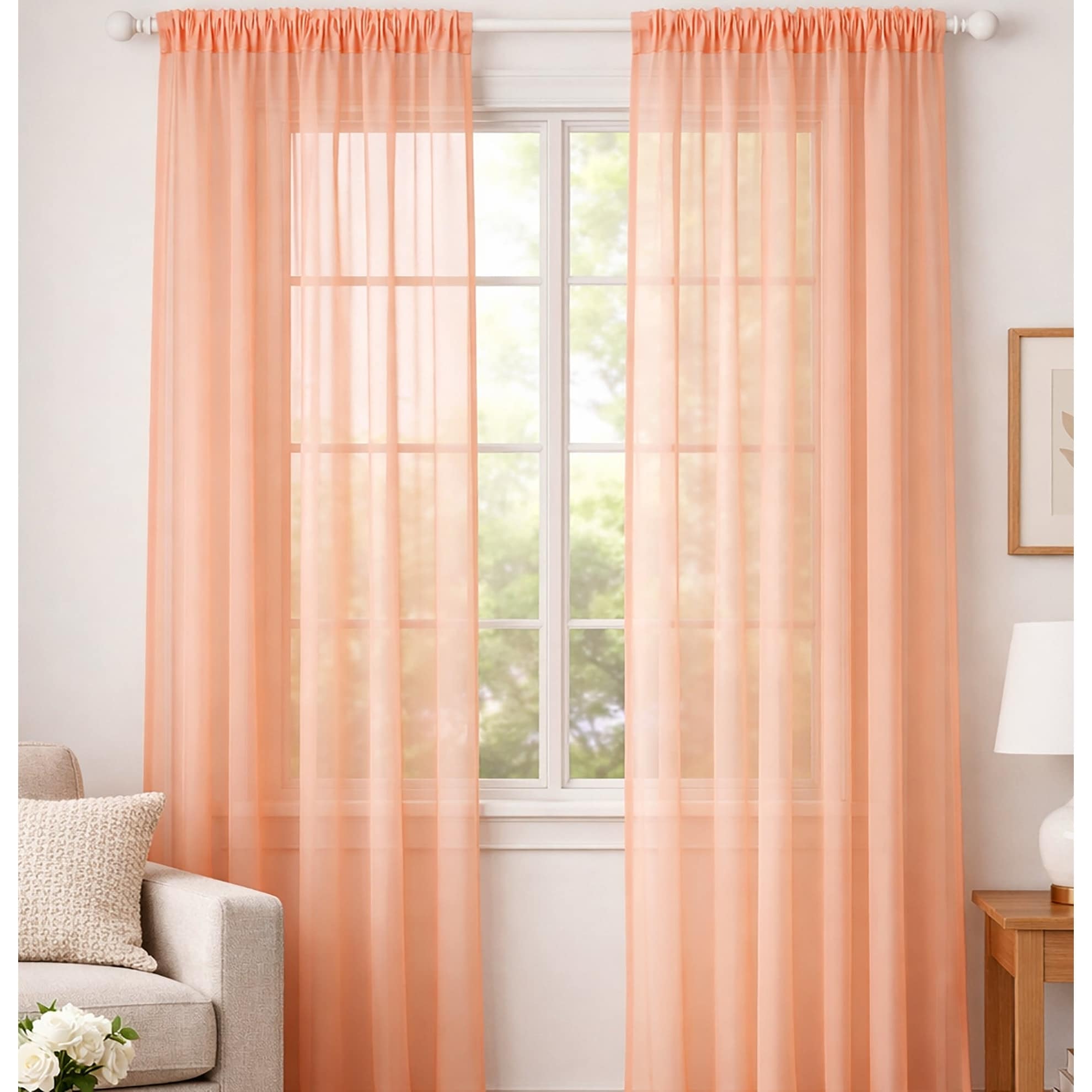 Peach Sheer Window Rod Pocket Curtain Set 90 Inches Long 2 Panels