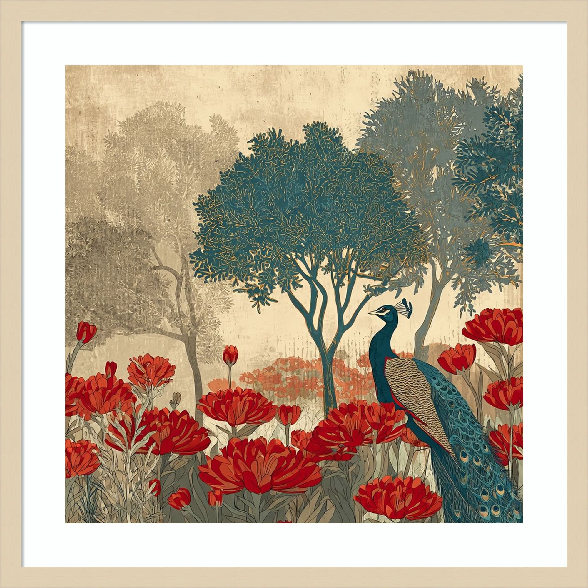 Peacock Mughal Mural Designs No. 7 By Tradelink Inhouse Artist Wood Framed Wall Art Print Svelte Natural