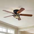 Peacoo 52 Inch Flushmount Lighted Ceiling Fan Ivory Leaf Berry Tiffany Glass Lamp Black Finish