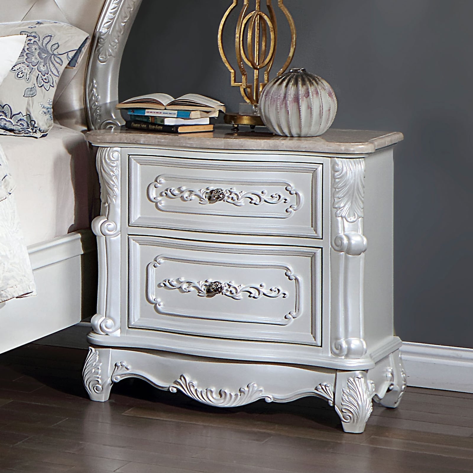 Pearl White Traditional 1Pc Solid Wood Nightstand W 2 Drawers Marble Top For Bedroom