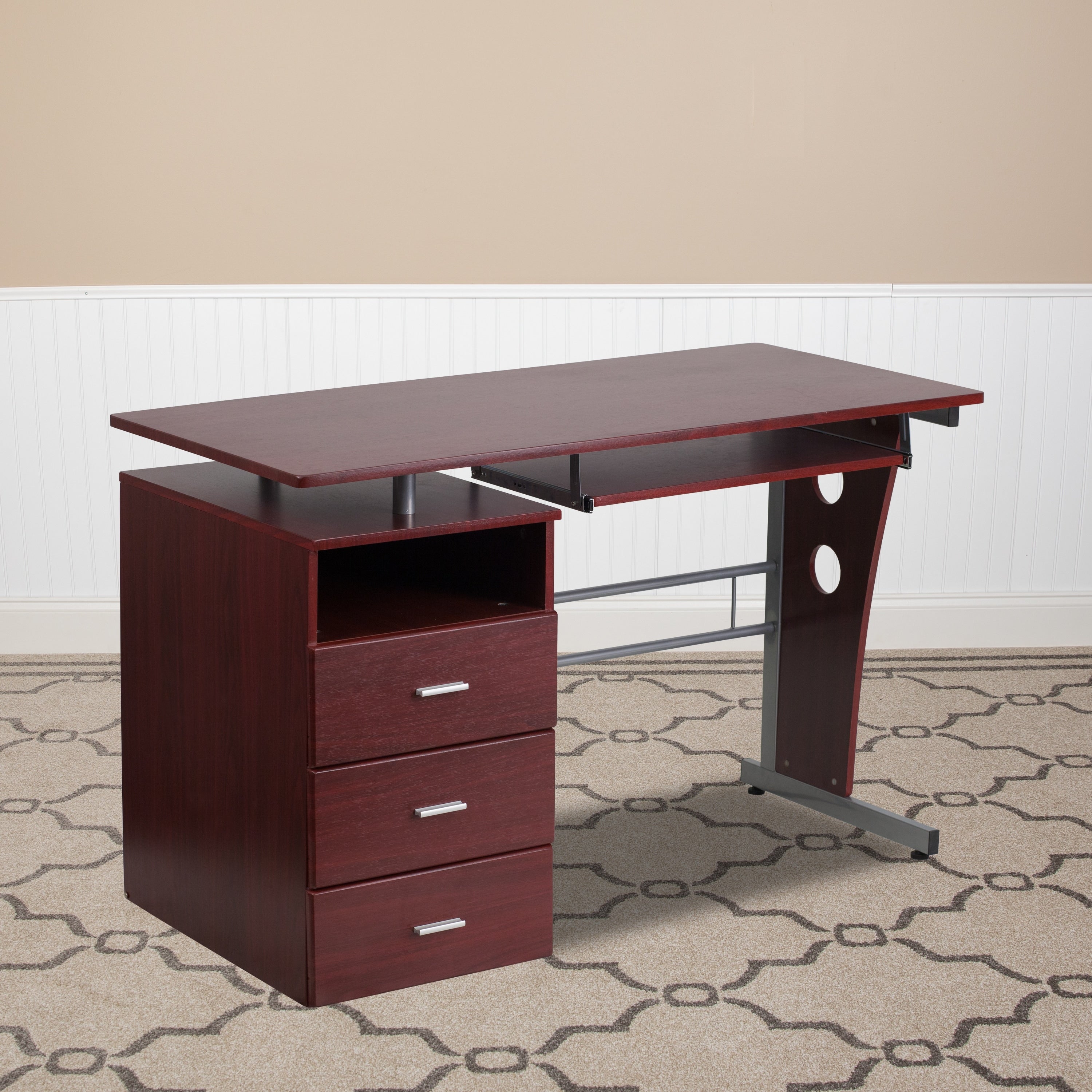 Porch Den Buchanan Mahogany Three Drawer Desk With Pull Out Keyboard Tray