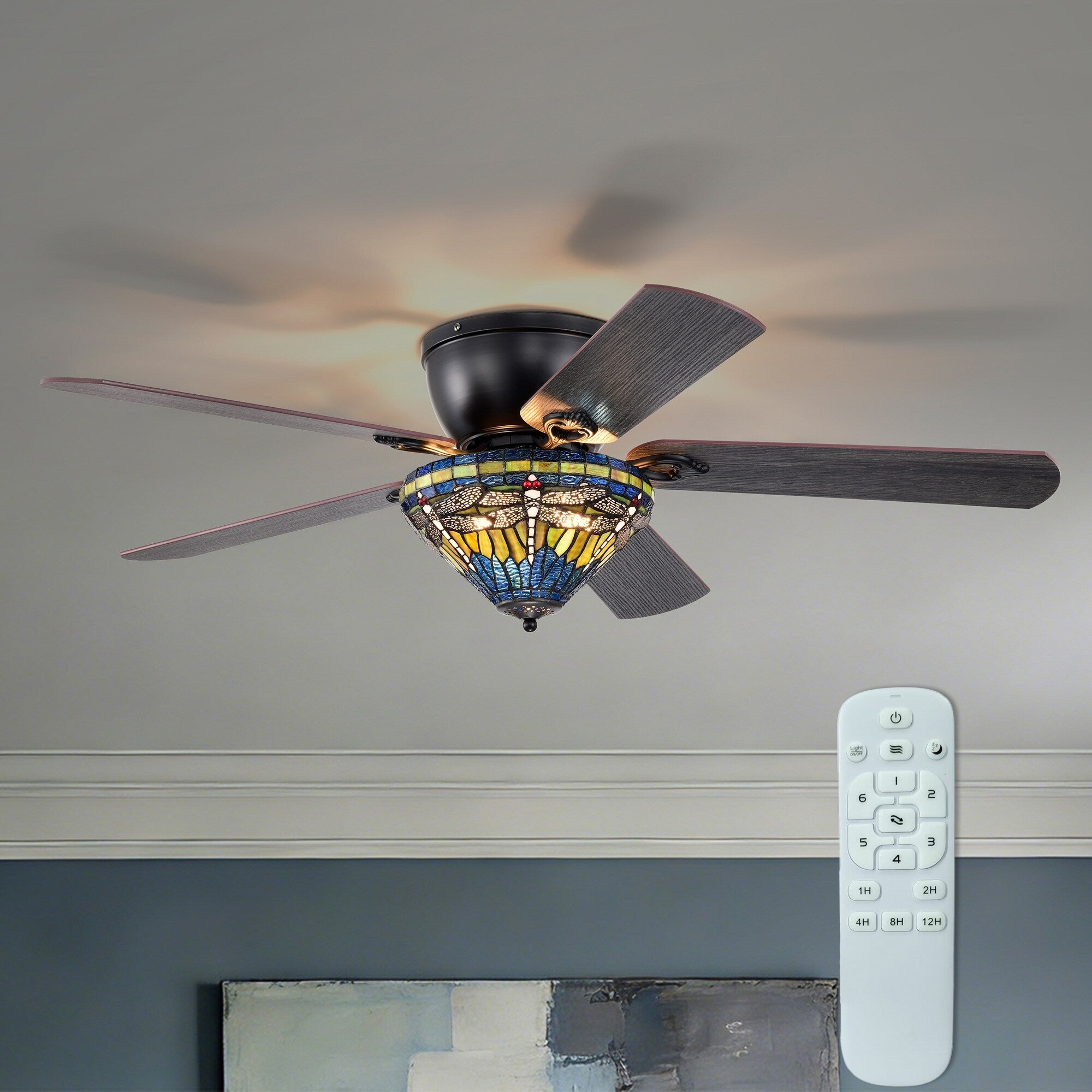 Penana 52 Inch Flushmount Lighted Ceiling Fan Green Blue Dragonfly Tiffany Glass Lamp Black Finish