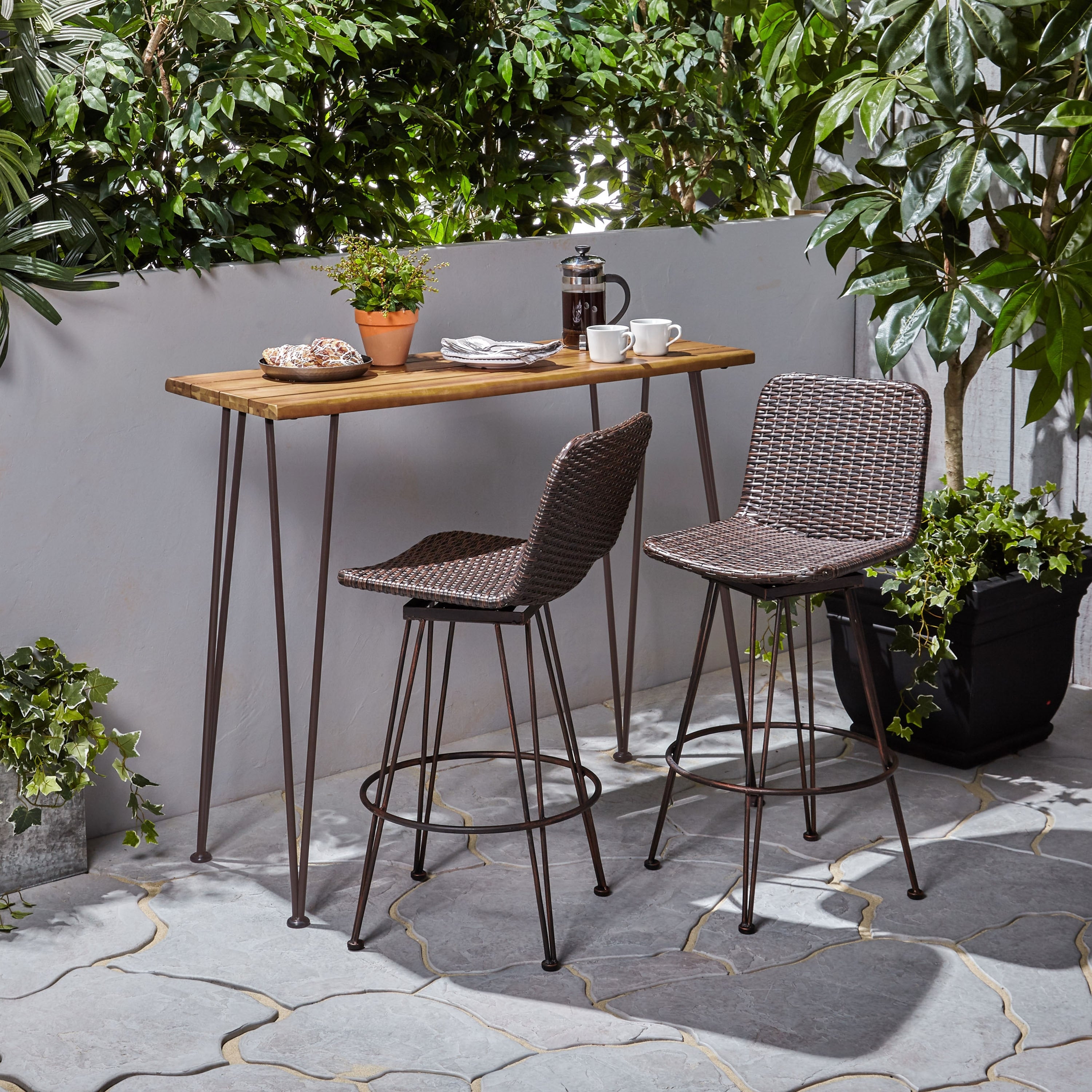 Penley Outdoor 2 Seater Acacia Wood And Iron Bar Set By Christopher Knight Home
