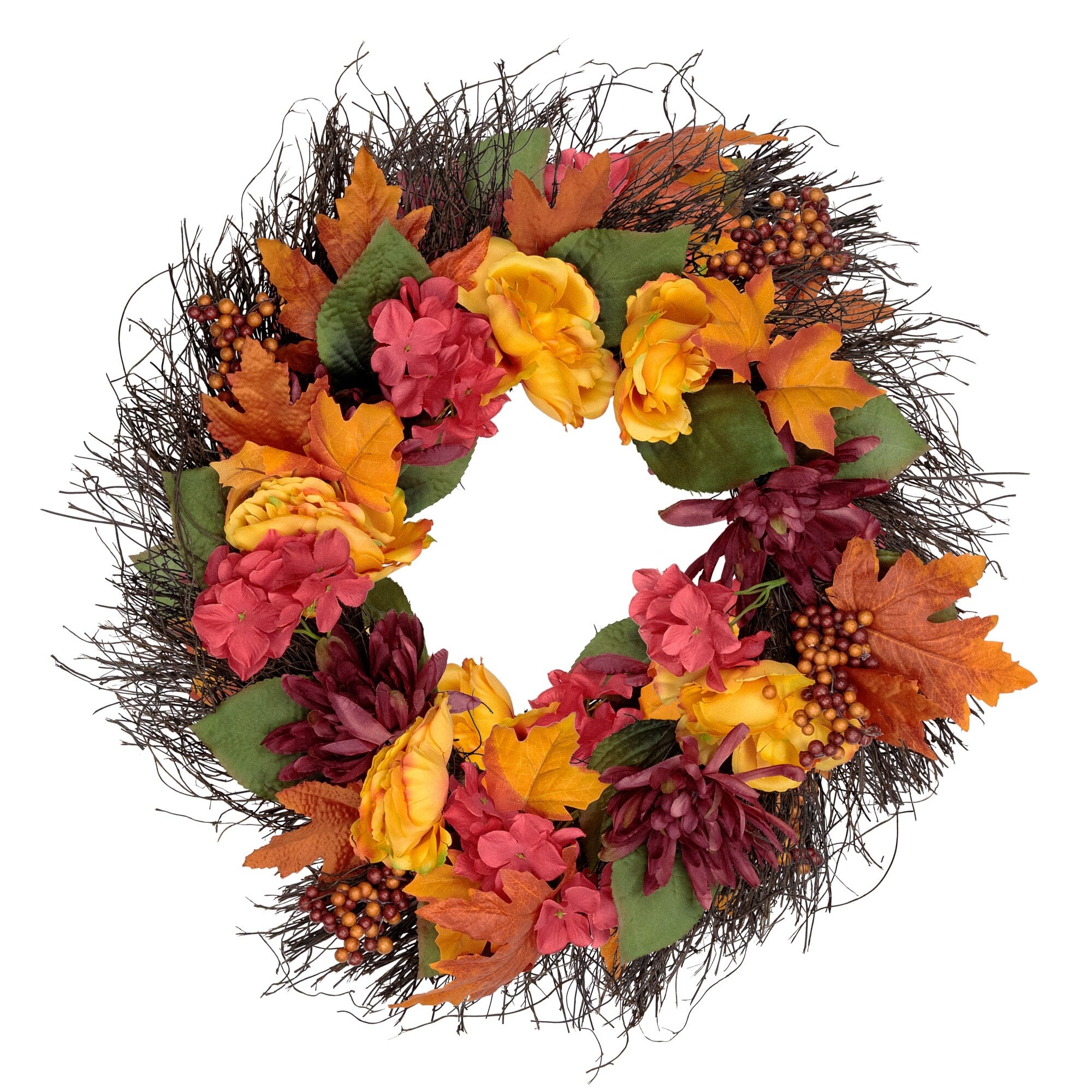 24 Autumn Harvest Peony Mum Feather Artificial Thanksgiving Floral Wreath Unlit