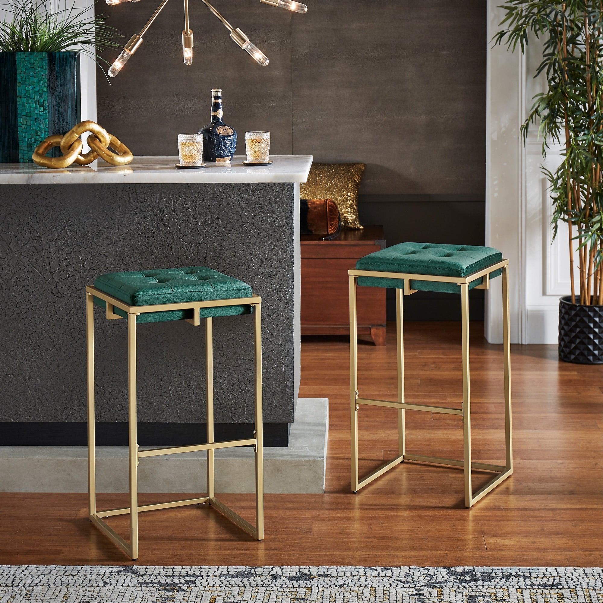 Perdita Gold Finish Velvet Button Tufted Bar Stools Set Of 2 By Inspire Q Bold