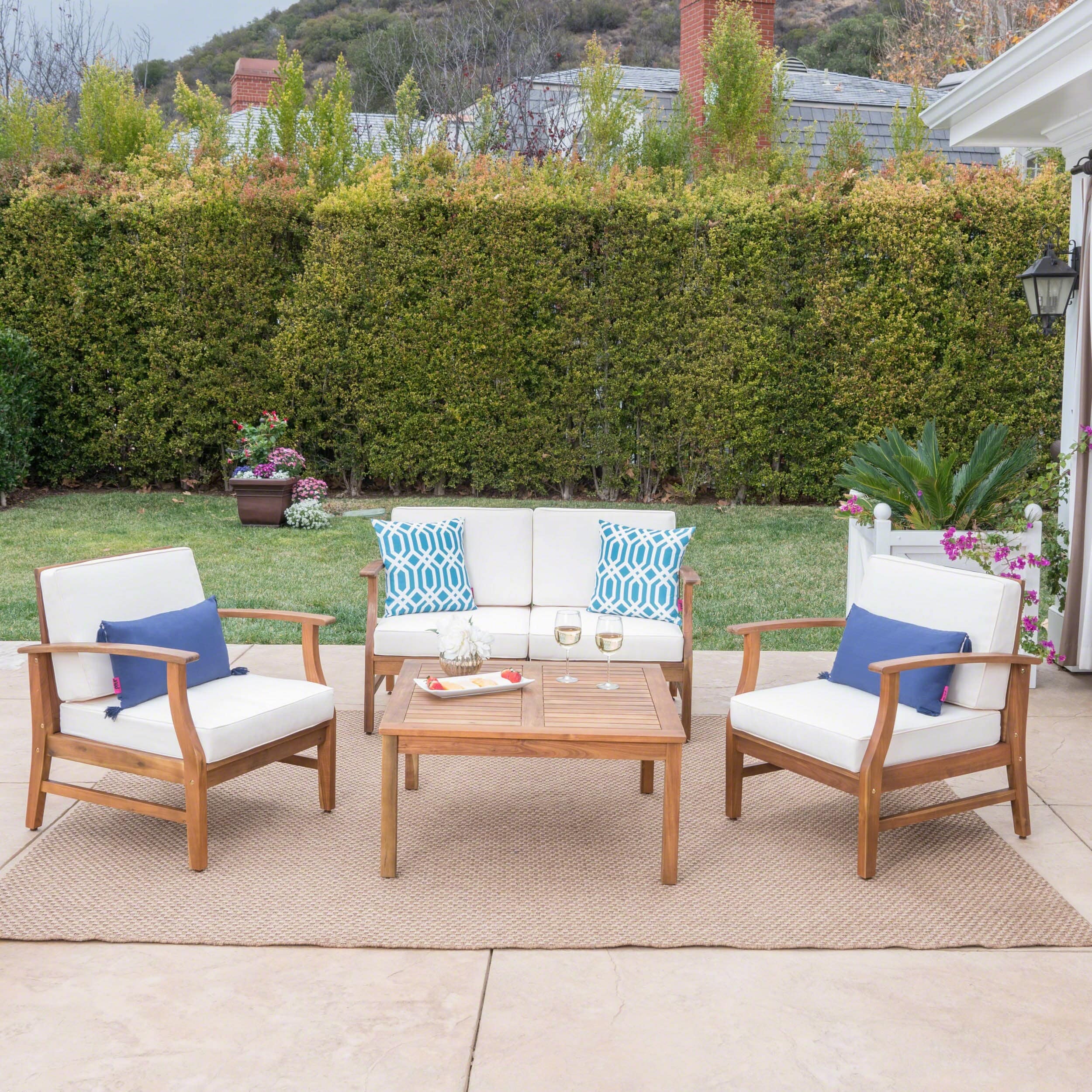 Perla Outdoor Acacia Wood 5 Piece Chat Set With Cushions By Christopher Knight Home