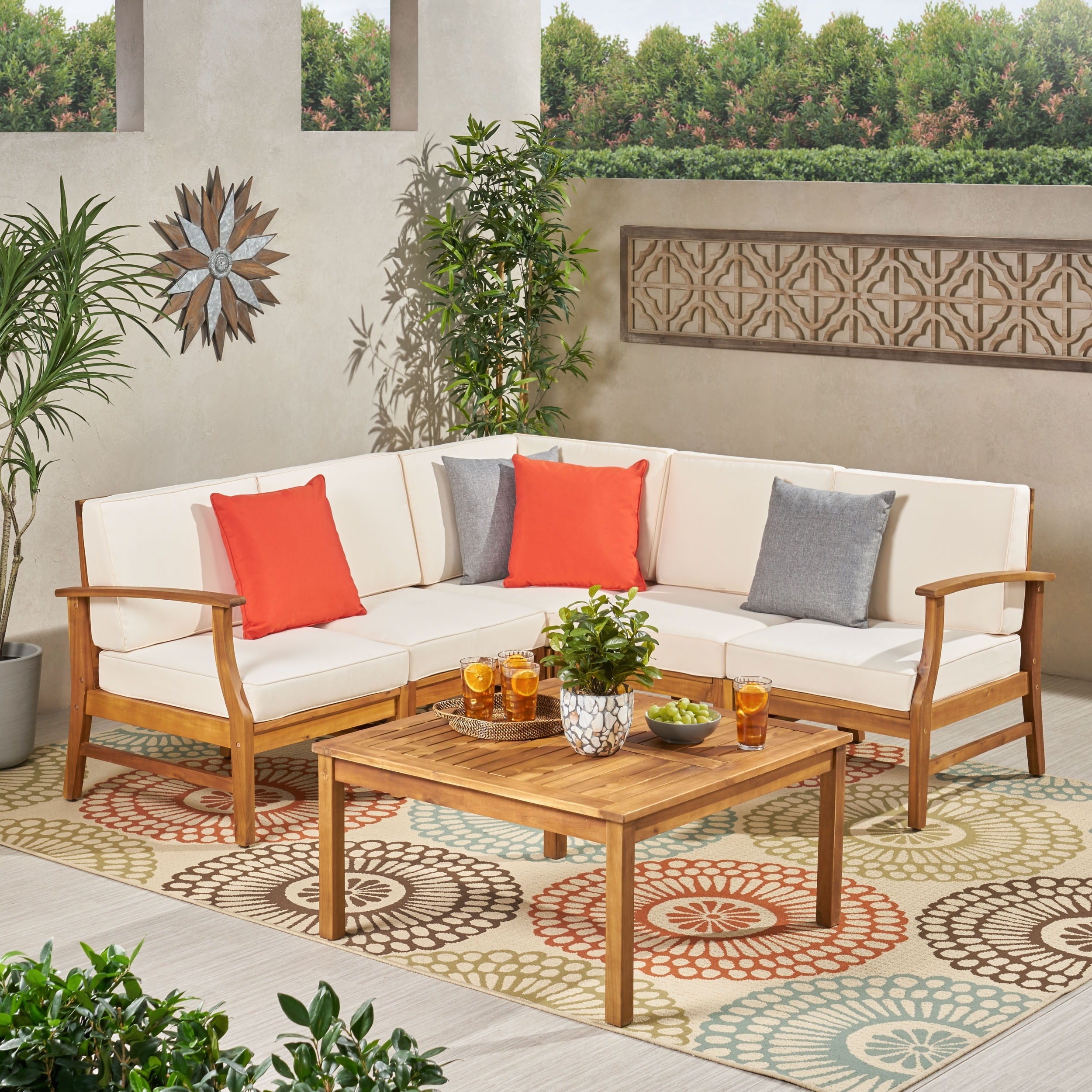 Perla 6 Piece Outdoor Wood Chat Set W Cushions By Christopher Knight Home
