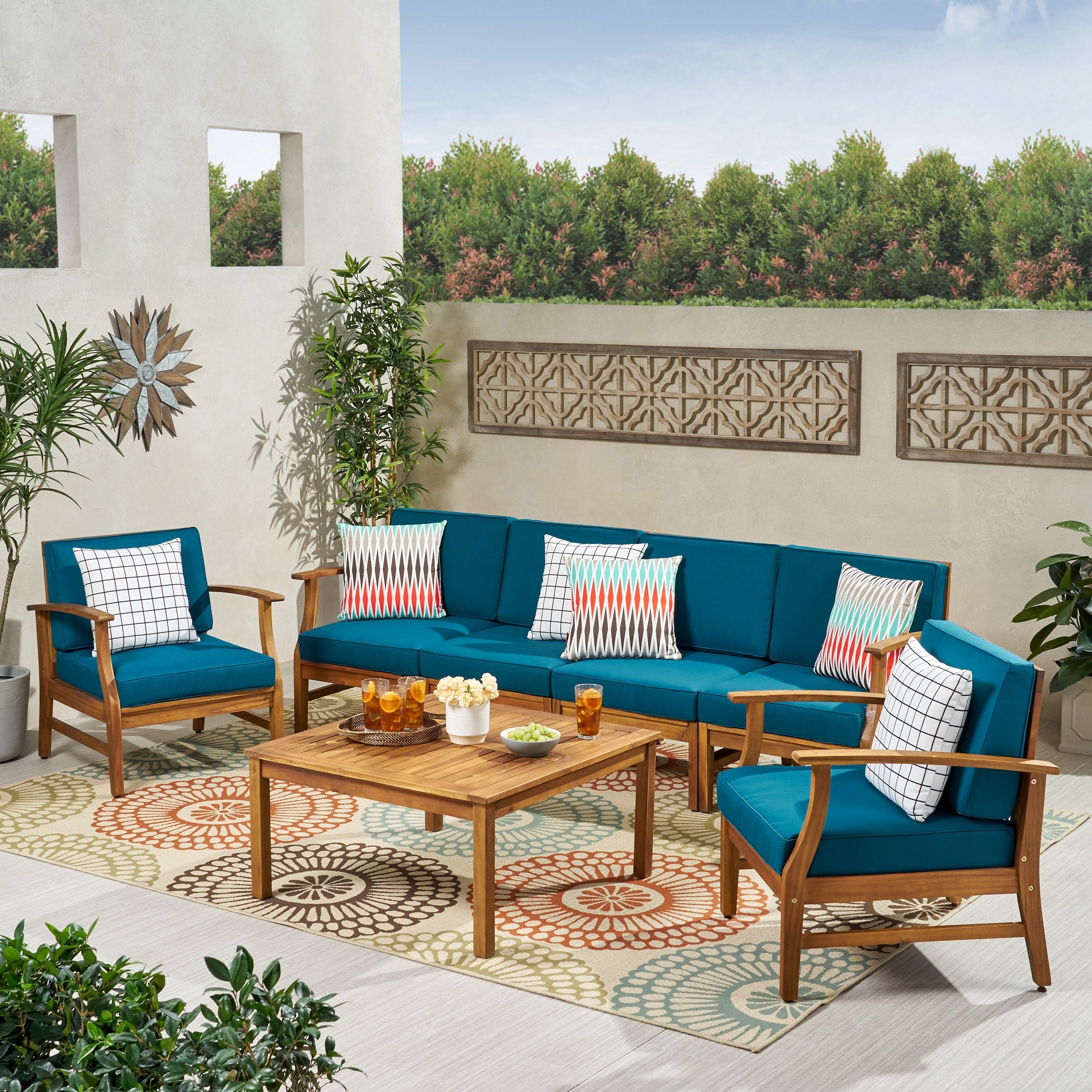 Perla Outdoor Acacia Wood 7 Piece Chat Set With Cushions By Christopher Knight Home