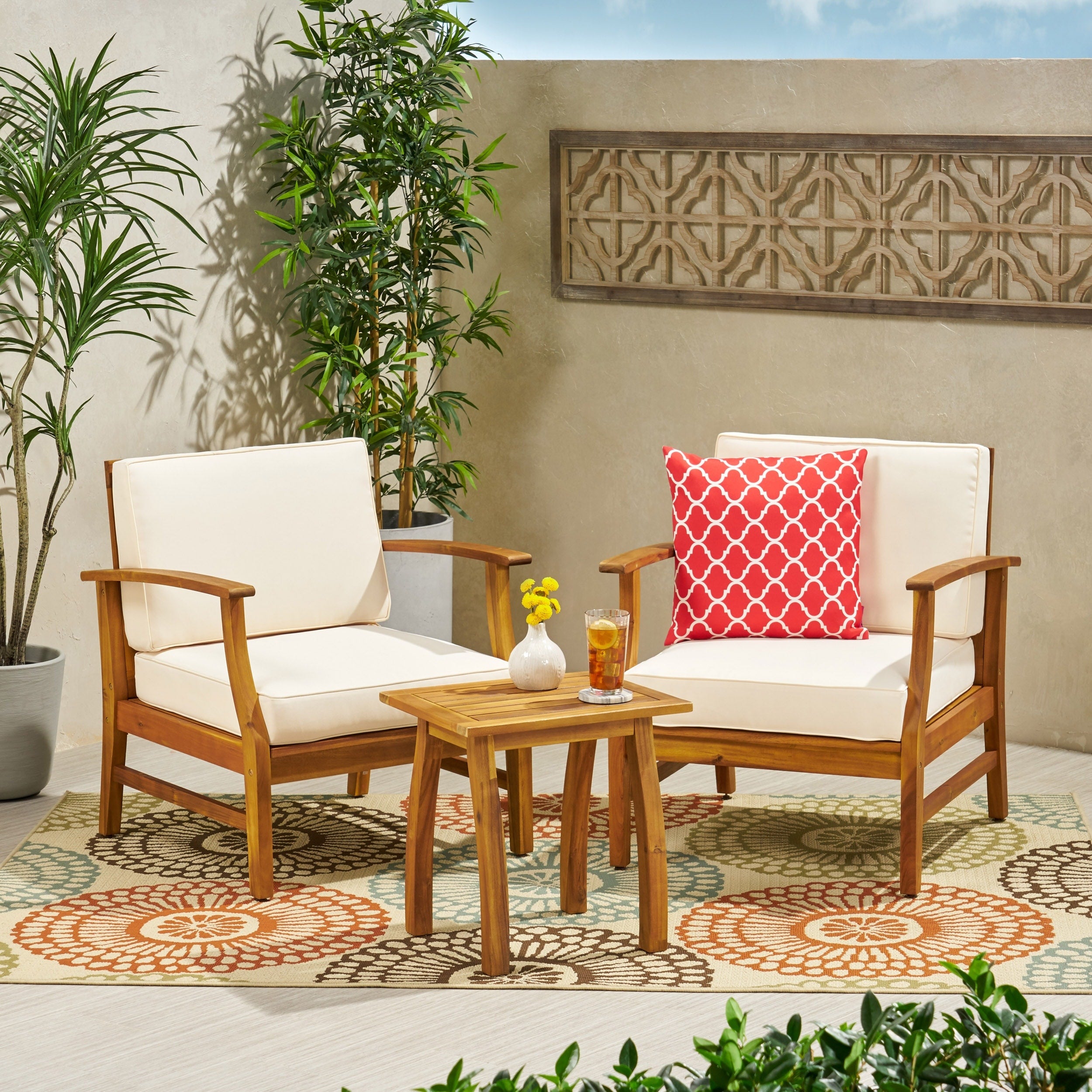 Perla Outdoor 3 Piece Acacia Wood Chat Set With Cushion By Christopher Knight Home