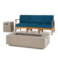 Perla Outdoor 3 Seater Acacia Wood Sofa Set With Square Fire Table And Tank By Christopher Knight Home