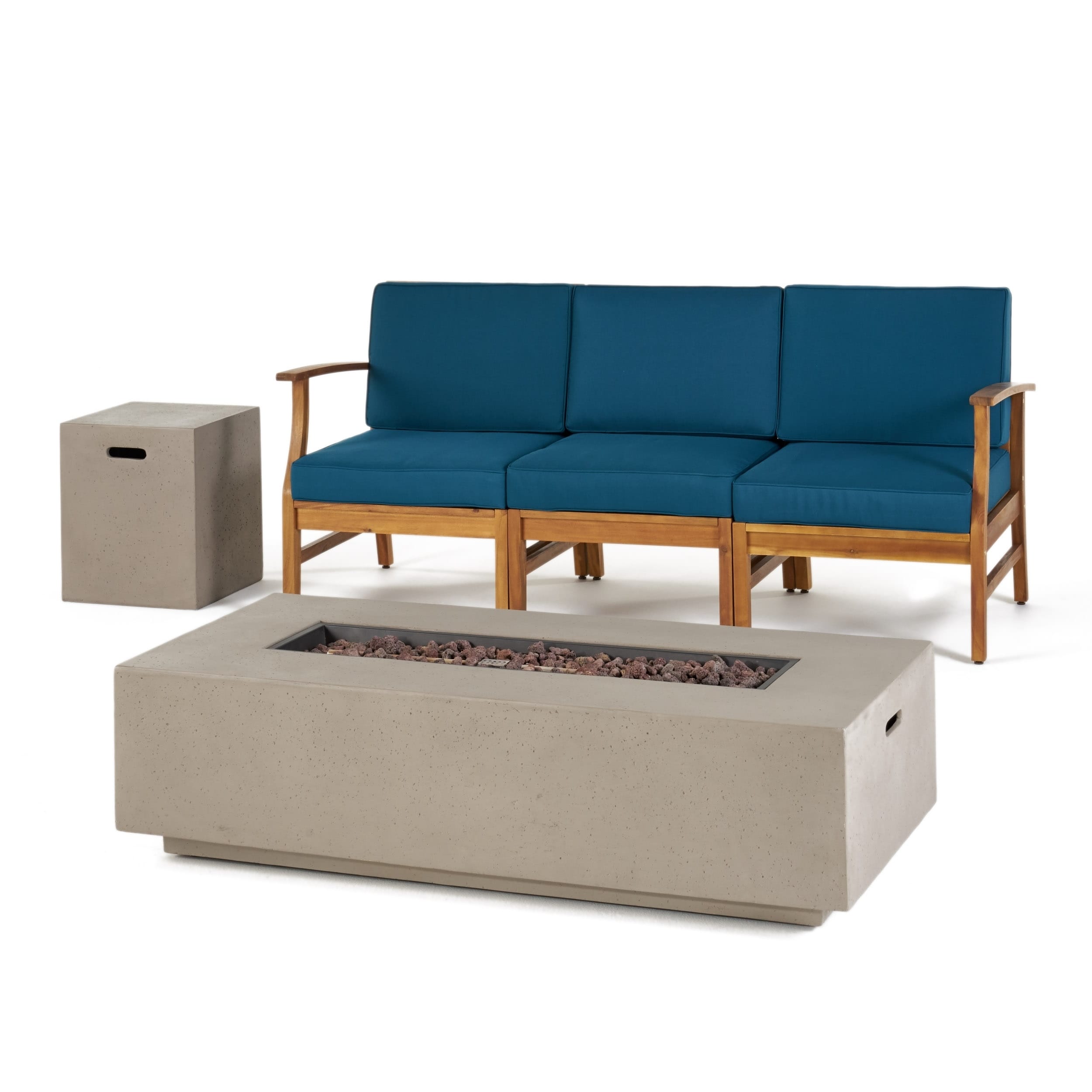 Perla Outdoor 3 Seater Acacia Wood Sofa Set With Square Fire Table And Tank By Christopher Knight Home