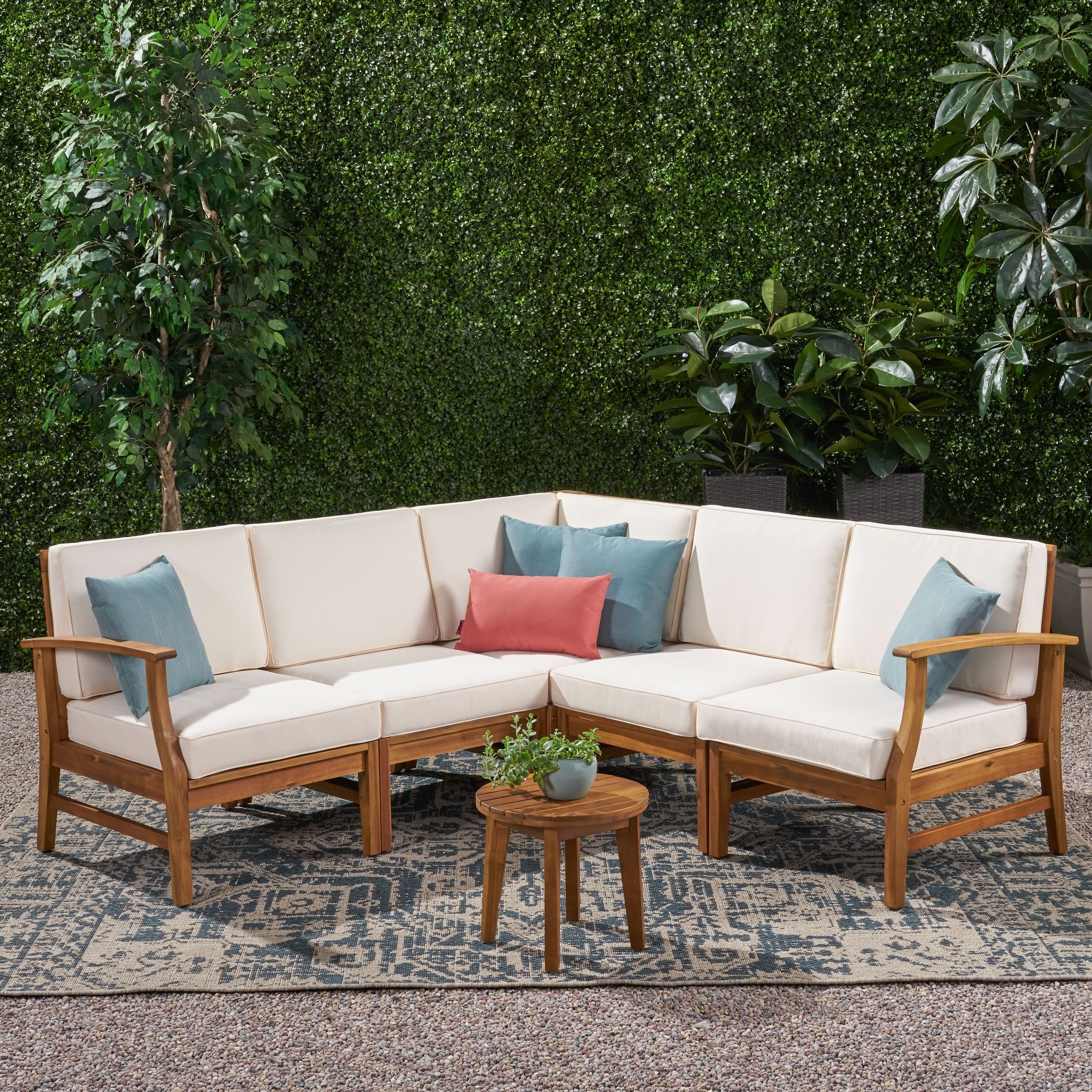 Perla Outdoor 5 Piece Acacia Wood Chat Set With Cushion By Christopher Knight Home