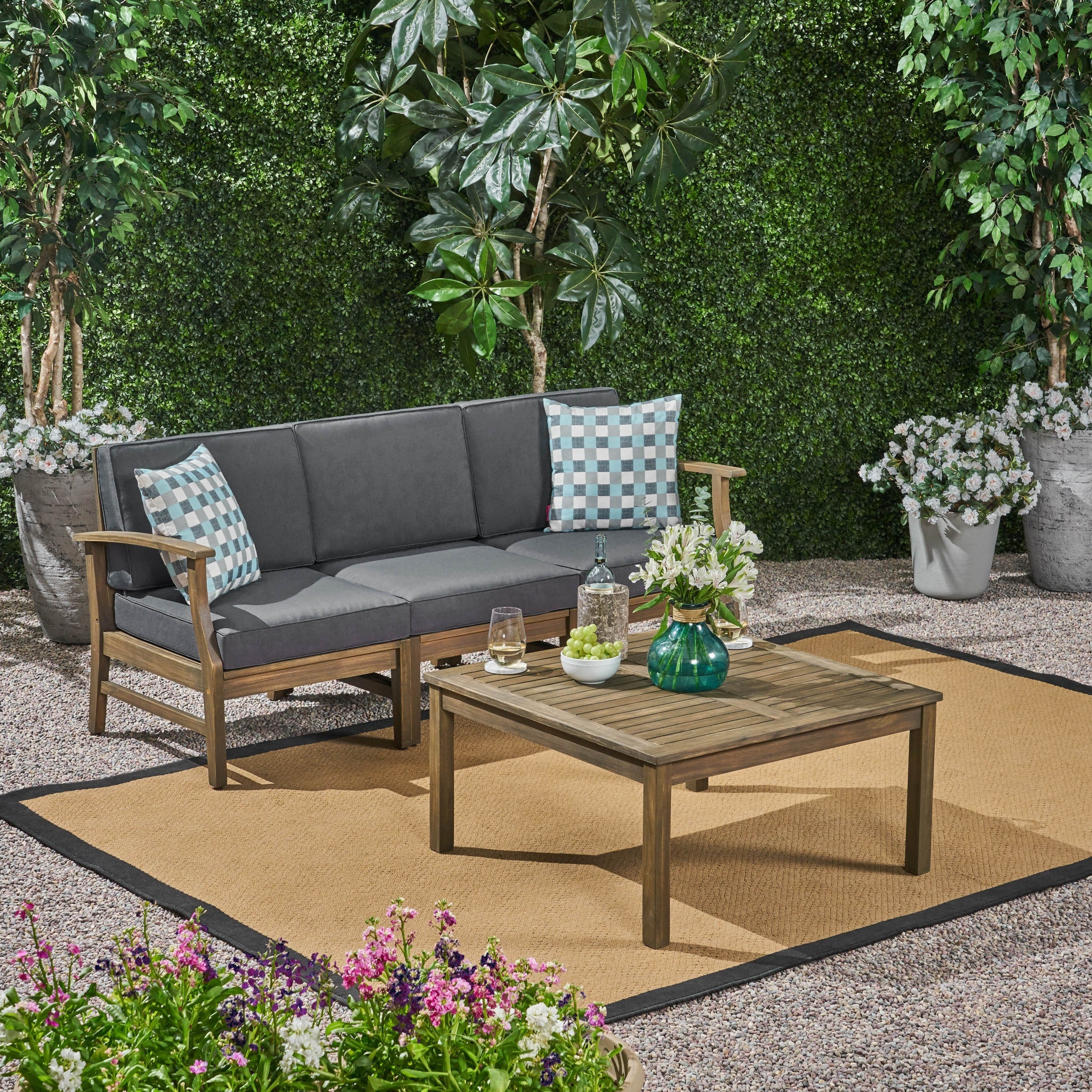 Perla Outdoor Acacia Wood 4 Piece Sofa And Table Set With Cushions By Christopher Knight Home