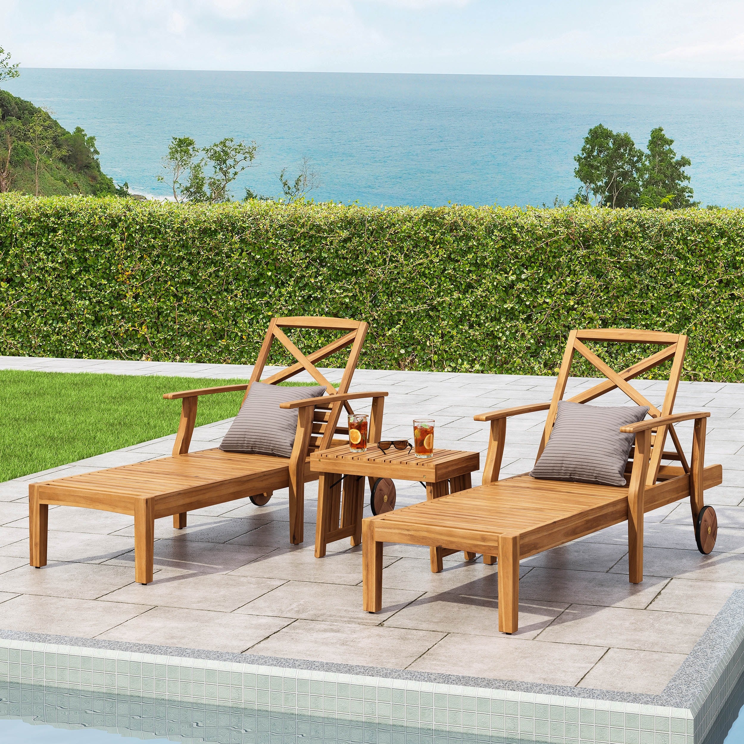 Perla Outdoor Acacia Wood 3 Piece Chaise Lounge Set By Christopher Knight Home
