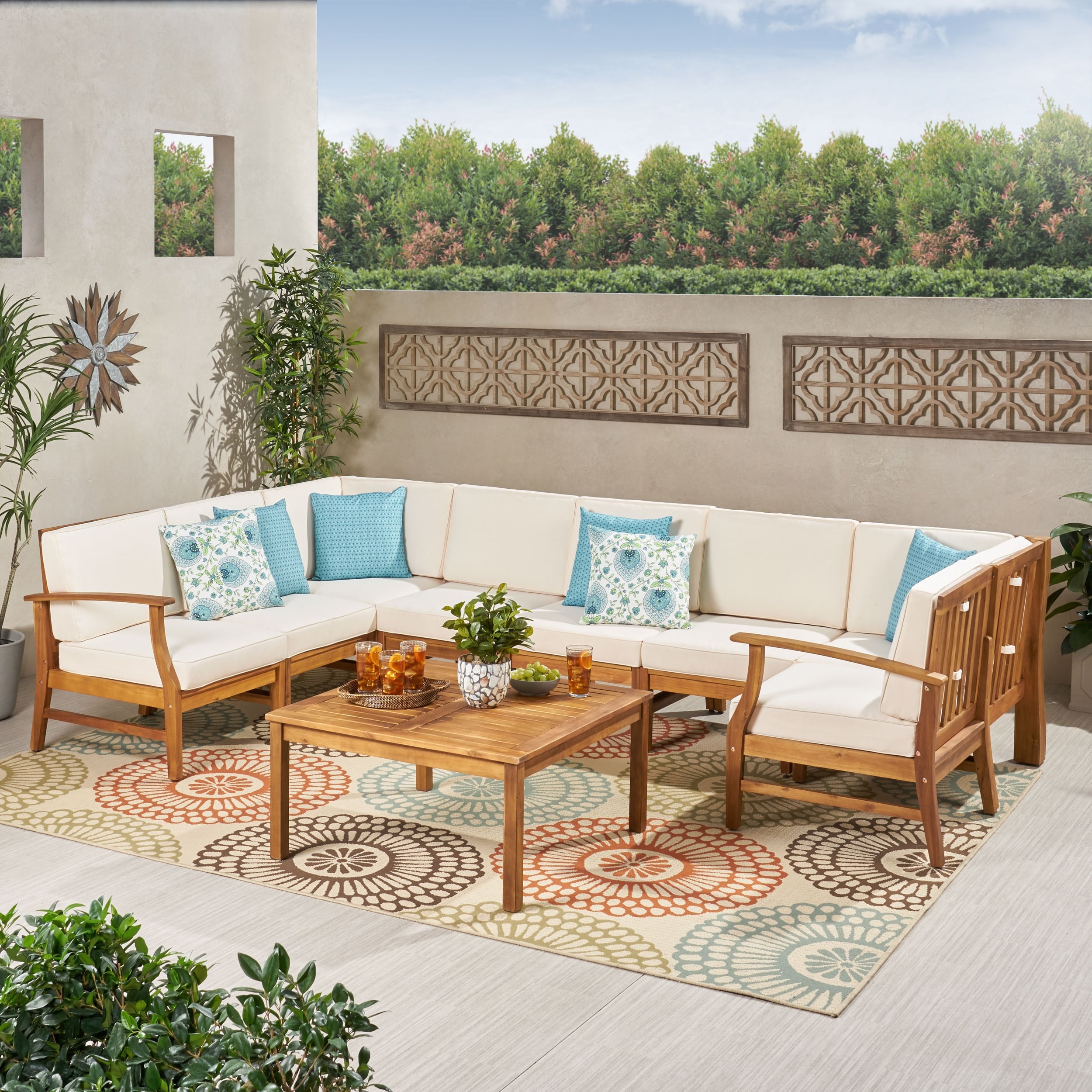 Perla Outdoor Acacia Wood 9 Piece Sectional Sofa Set With Cushions By Christopher Knight Home