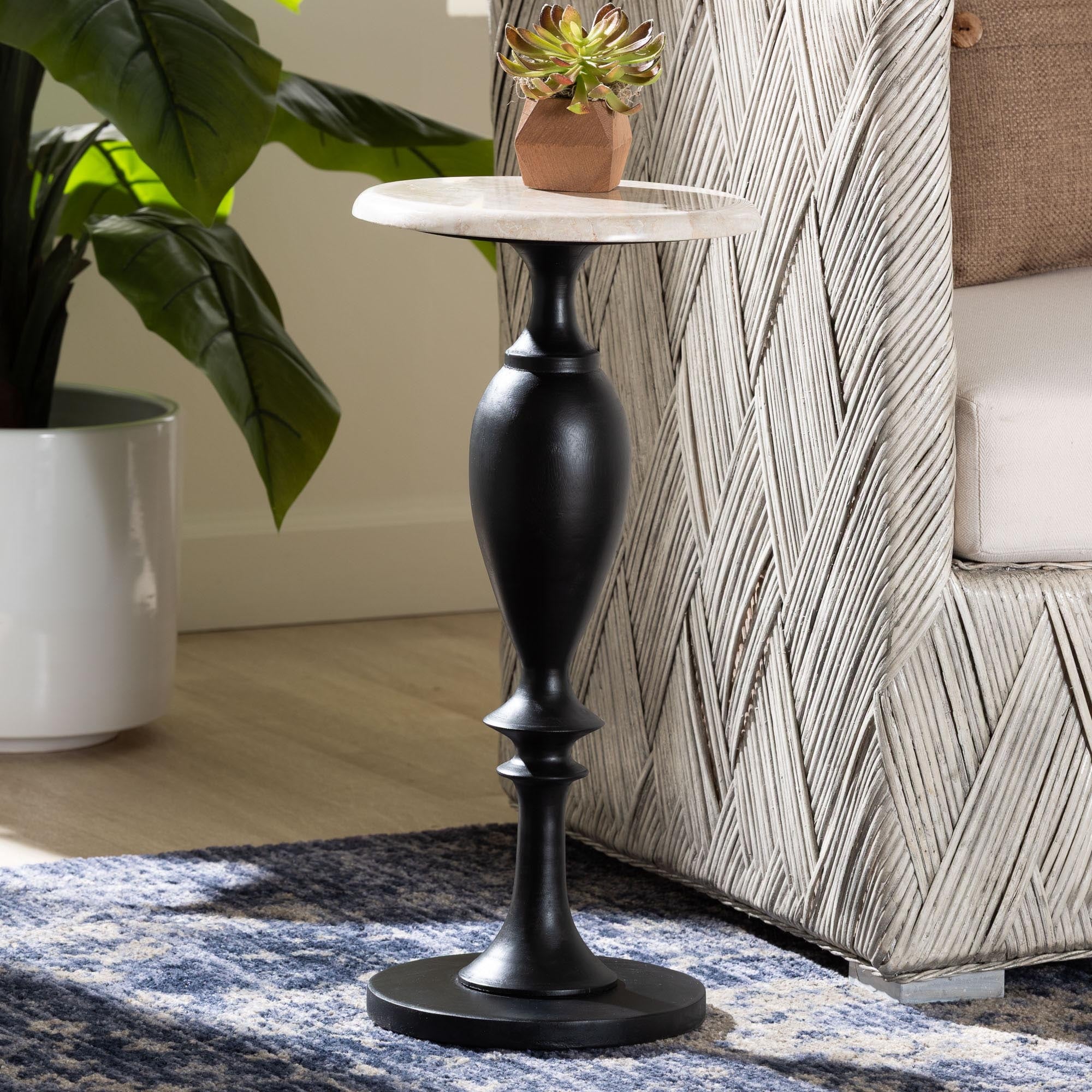 Perlita End Table With Marble Stone Top Sculpted Pedestal Accent Side Table For Living Room Or Entryway