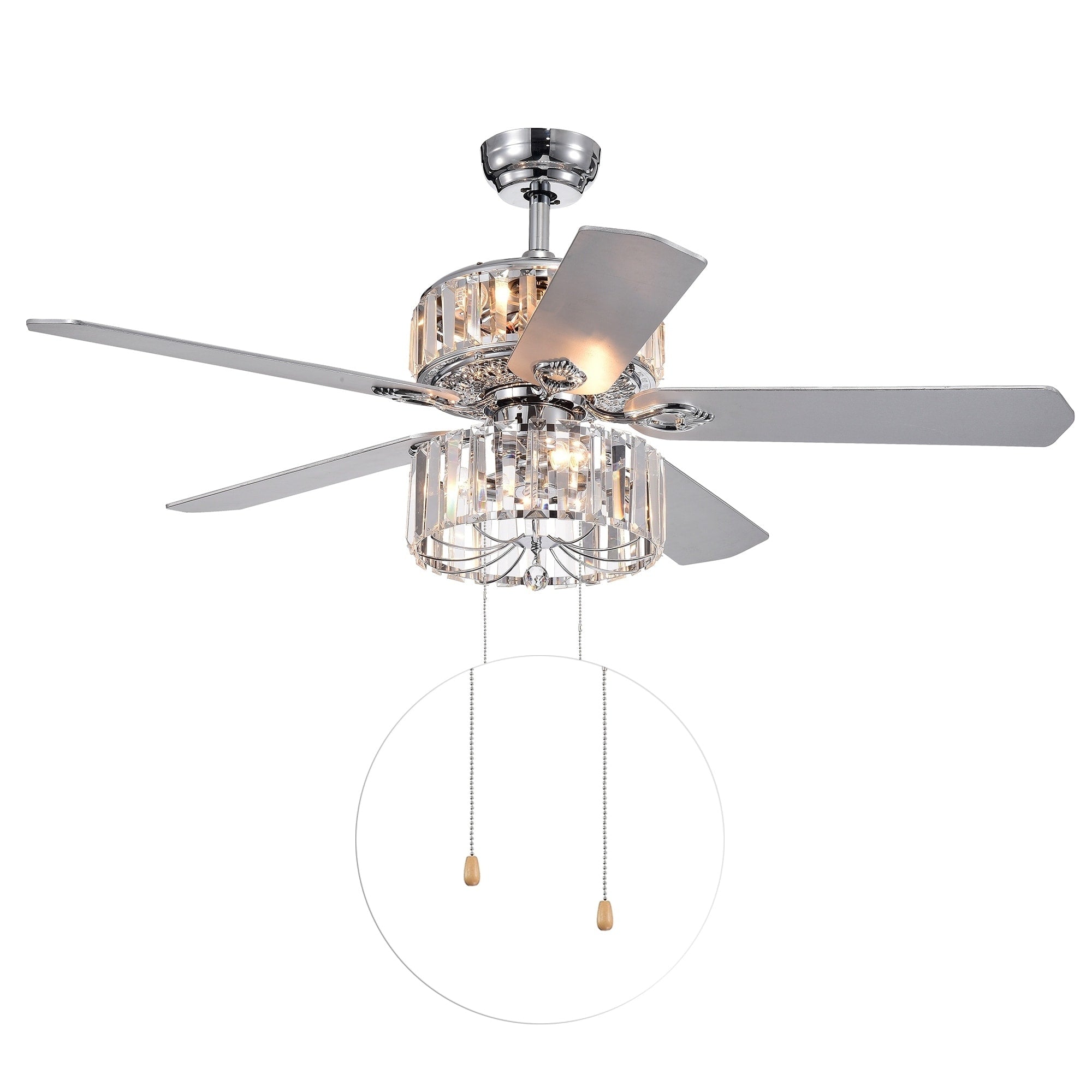 Perris 52 Inch 5 Blade Chrome Lighted Ceiling Fans With 2 Tier Crystal Shade Remote Controlled