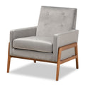 Perris Grey Velvet And Walnut Brown Finished Wood Lounge Chair